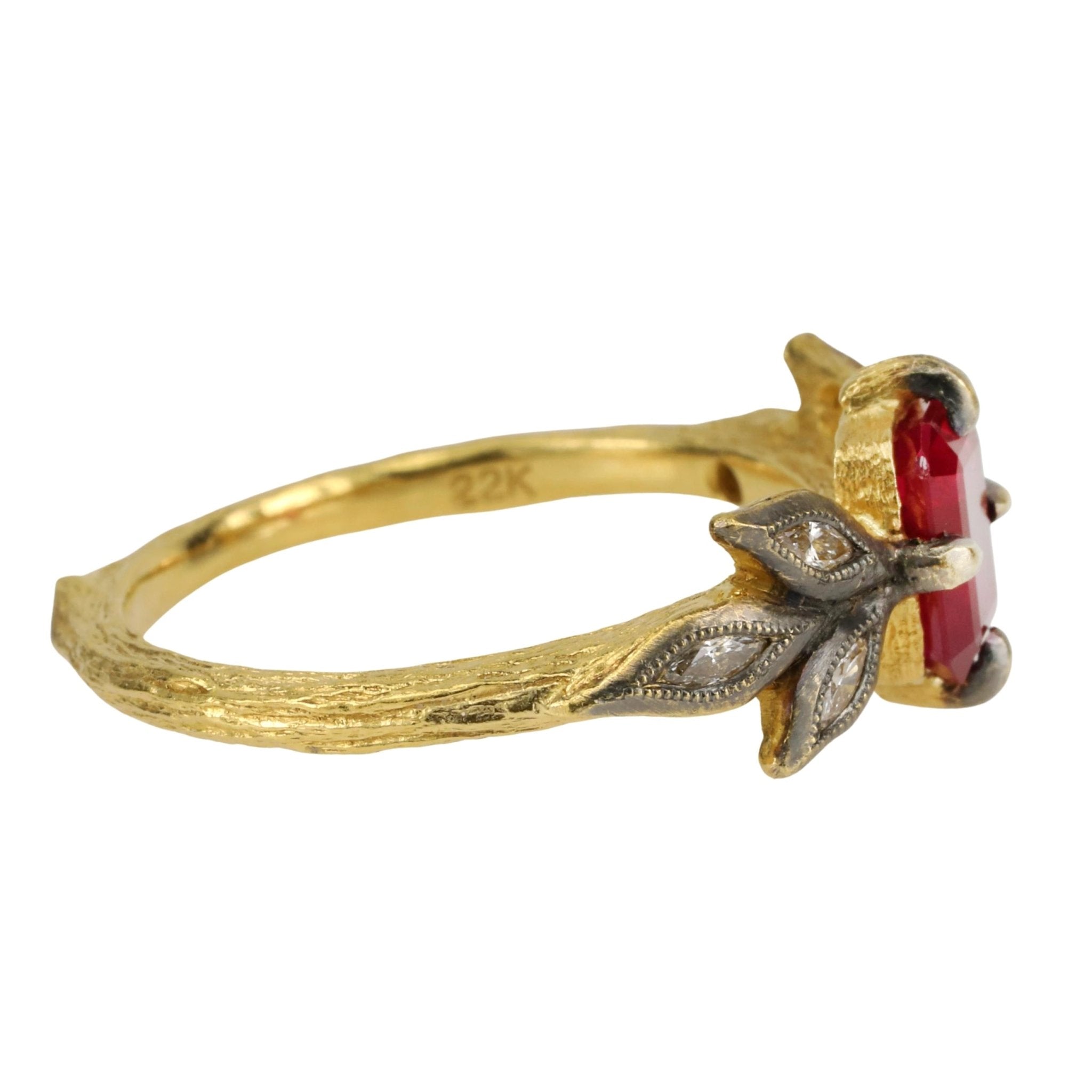 Cathy Waterman 22K Ruby Ring with Blackened Diamond "Leaves"