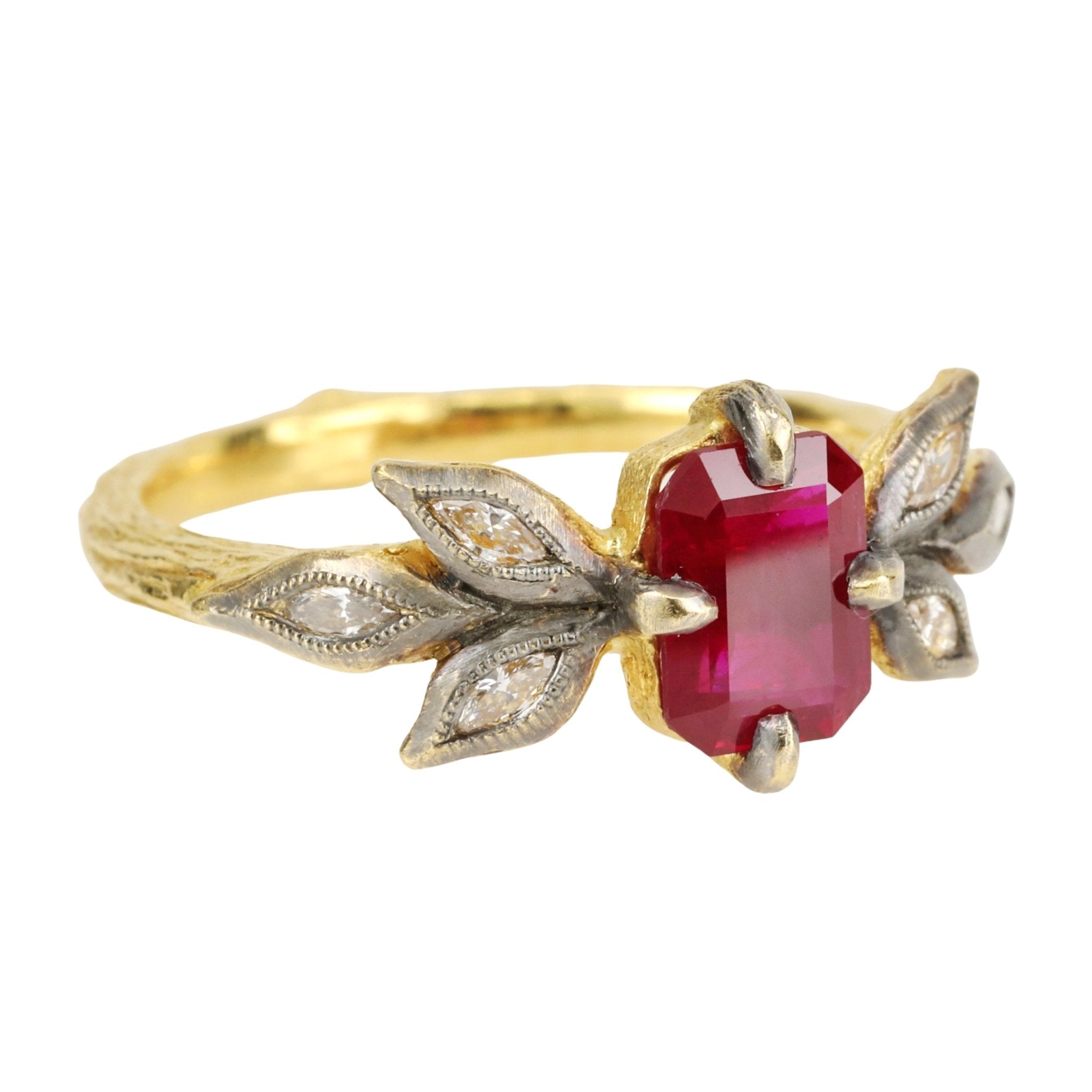 Cathy Waterman 22K Ruby Ring with Blackened Diamond "Leaves"