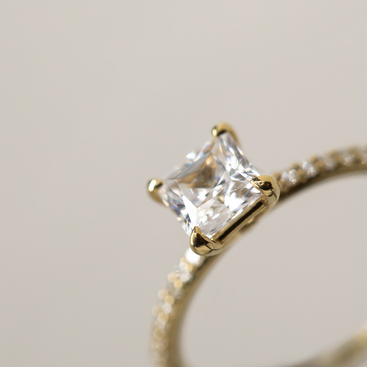 18K Yellow Gold Princess Pave Solitaire Engagement Ring