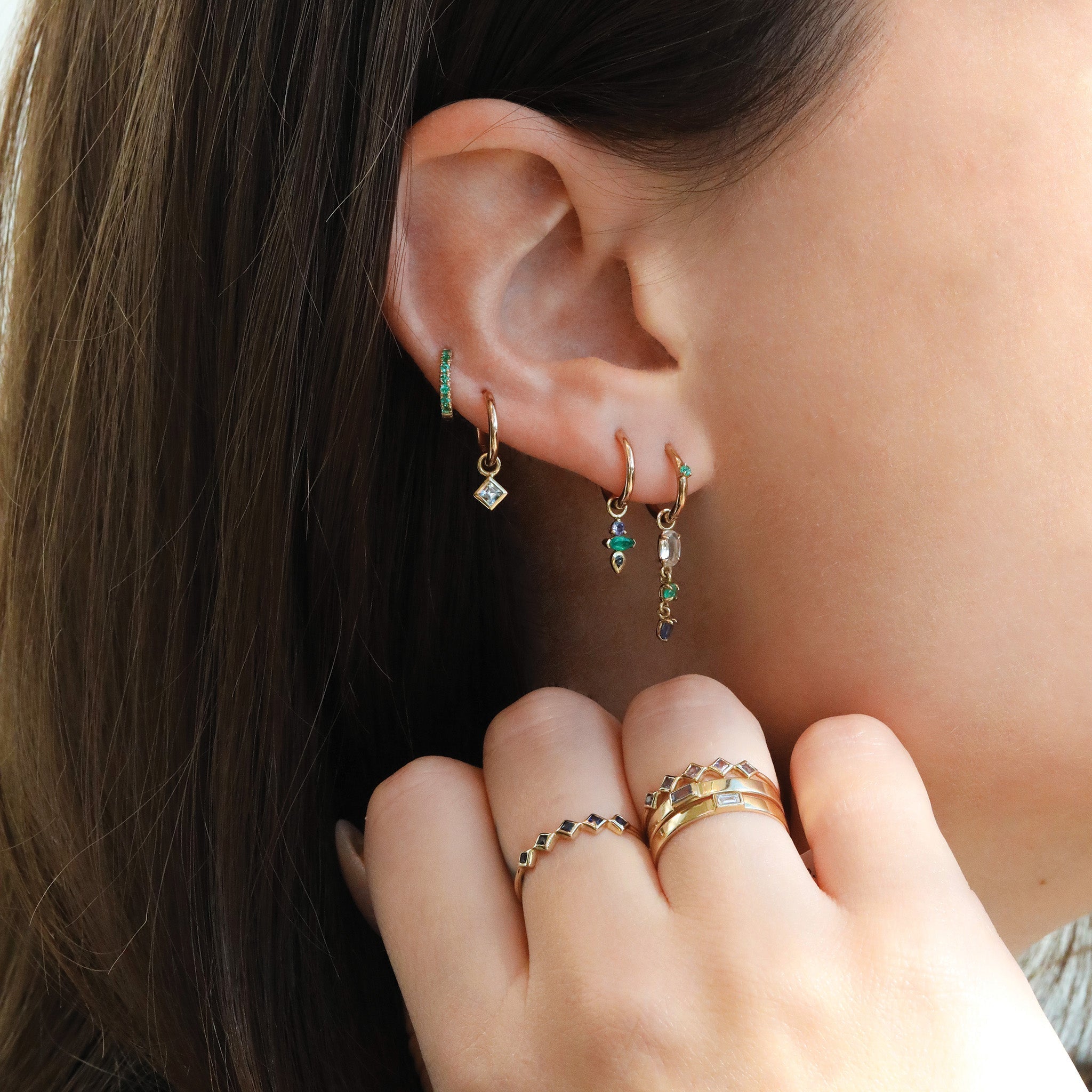 9K Gold Click Hoops with Princess-Cut Aquamarine Drop - Peridot Fine Jewelry - Metier by Tomfoolery