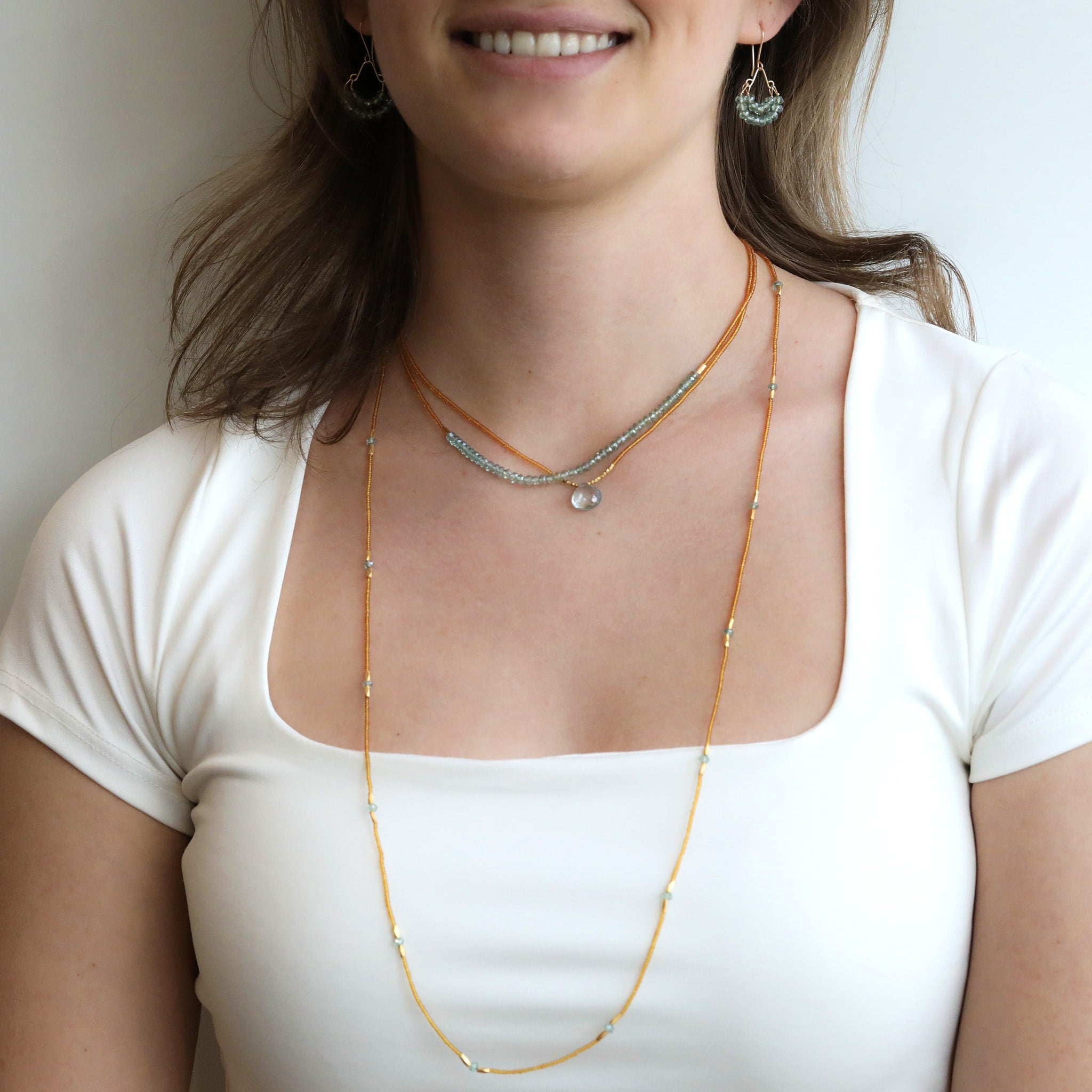 Debbie Fisher Amber Seed Beaded Necklace with Mystic Green Quartz Station