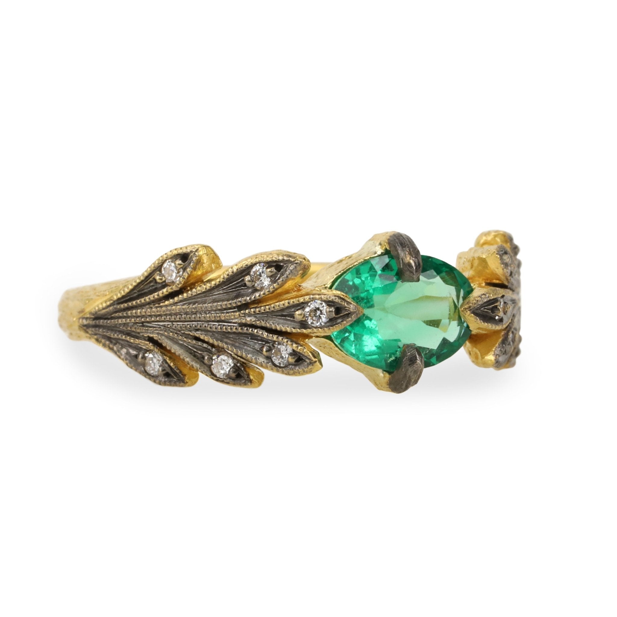 Blackened 22K Gold and Zambian Emerald "Leafside" Ring
