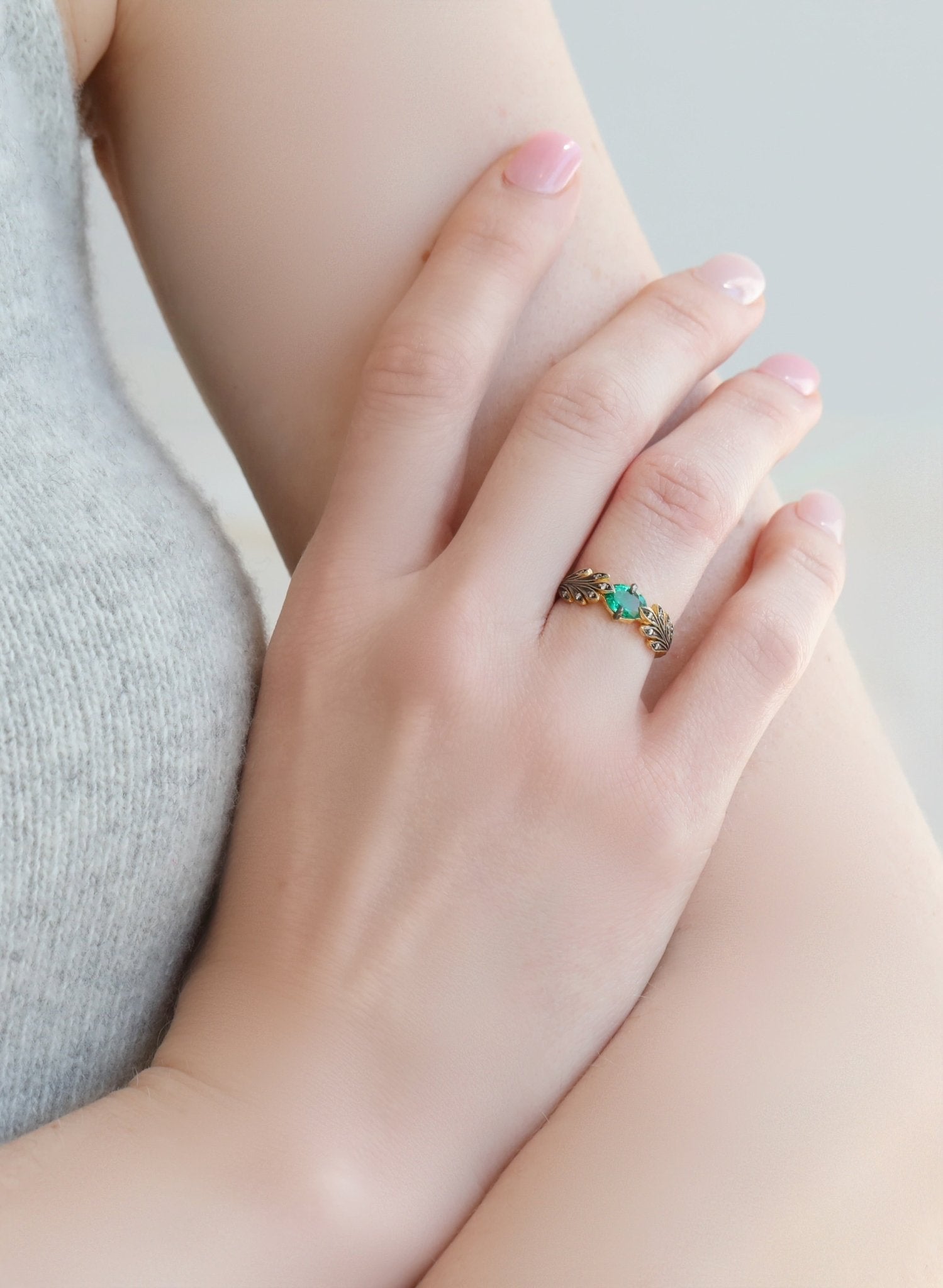Blackened 22K Gold and Zambian Emerald "Leafside" Ring