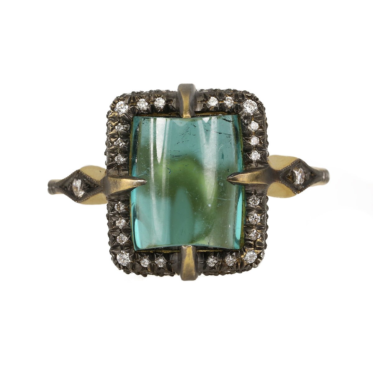 Cathy Waterman Blackened 22K Gold & Diamond "Venus" Ring with Blue-Green Tourmaline Center