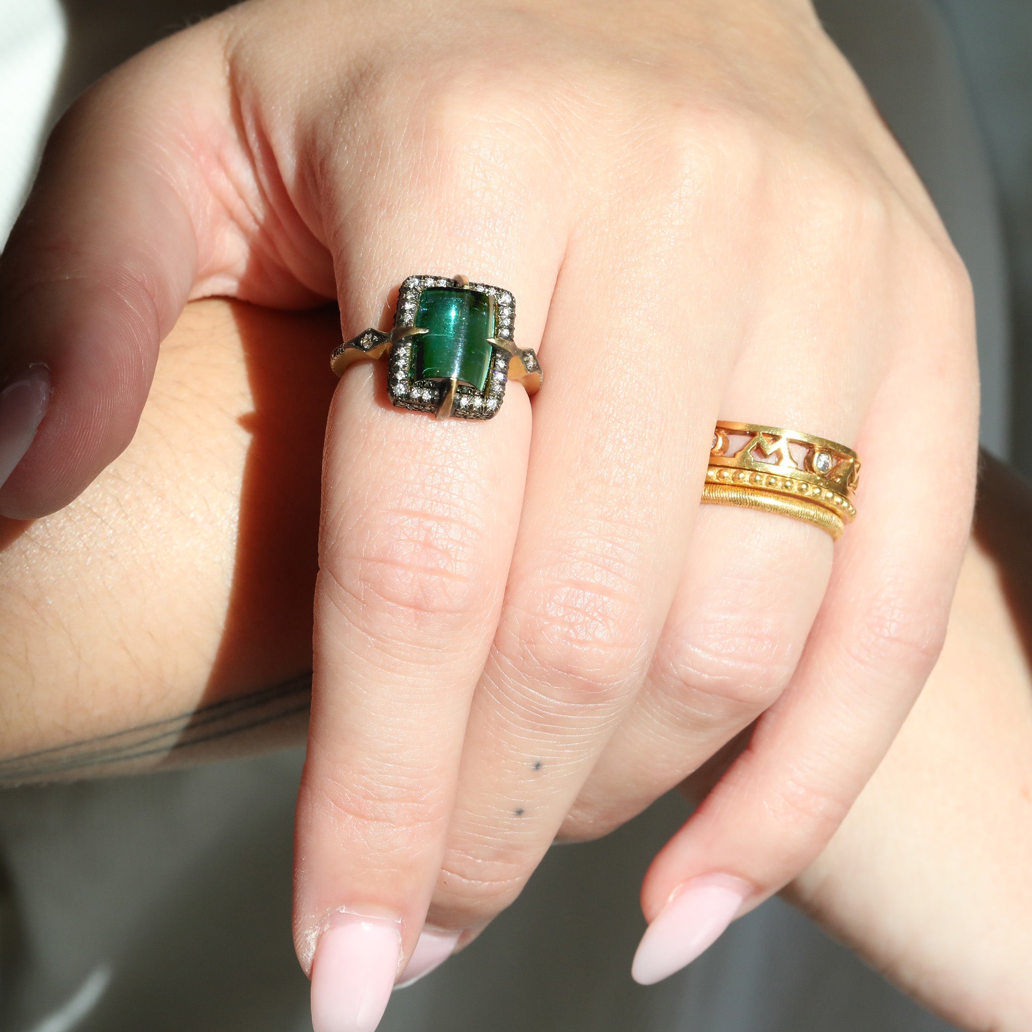 Blackened 22K Gold & Diamond "Venus" Ring with Blue-Green Tourmaline Center - Peridot Fine Jewelry - Cathy Waterman