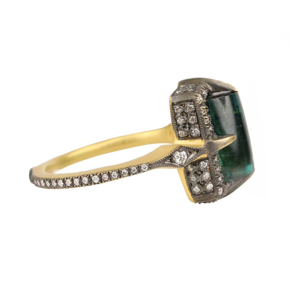 Cathy Waterman Blackened 22K Gold & Diamond "Venus" Ring with Blue-Green Tourmaline Center