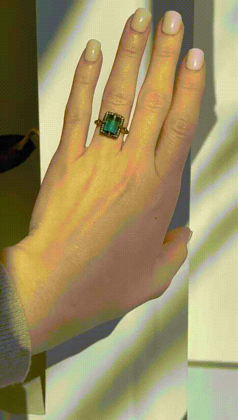 Cathy Waterman Blackened 22K Gold & Diamond "Venus" Ring with Blue-Green Tourmaline Center