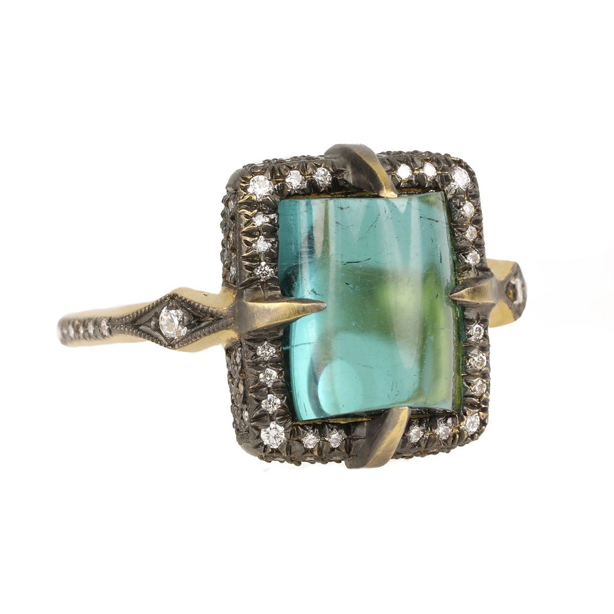 Cathy Waterman Blackened 22K Gold & Diamond "Venus" Ring with Blue-Green Tourmaline Center