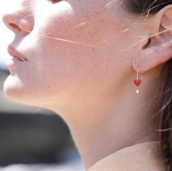 Carnelian "Byrdie" Heart Earrings with Diamond Drop