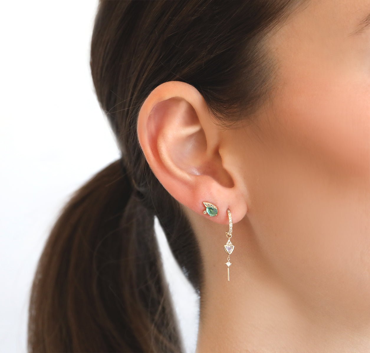 Celine Daoust Diamond Hoop with Hanging Trillion Moonstone and DiamondsD