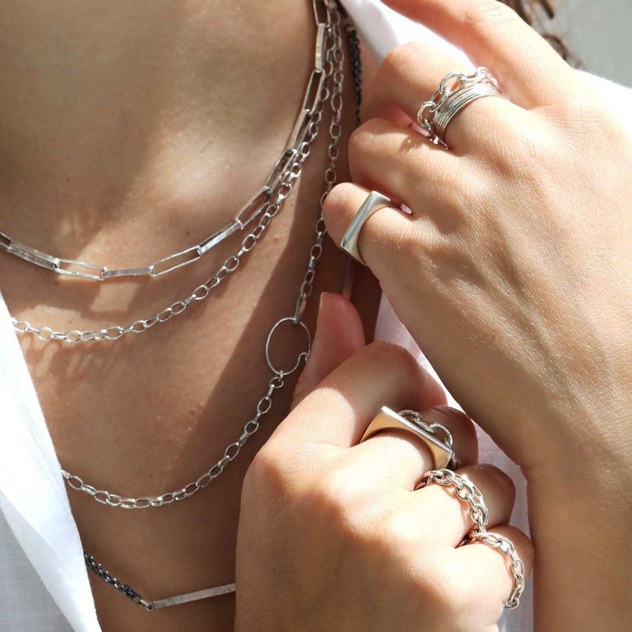 "Diana" Sterling Silver Handmade Flexible 18 Gauge Link Chain Ring - Peridot Fine Jewelry - Sarah Macfadden