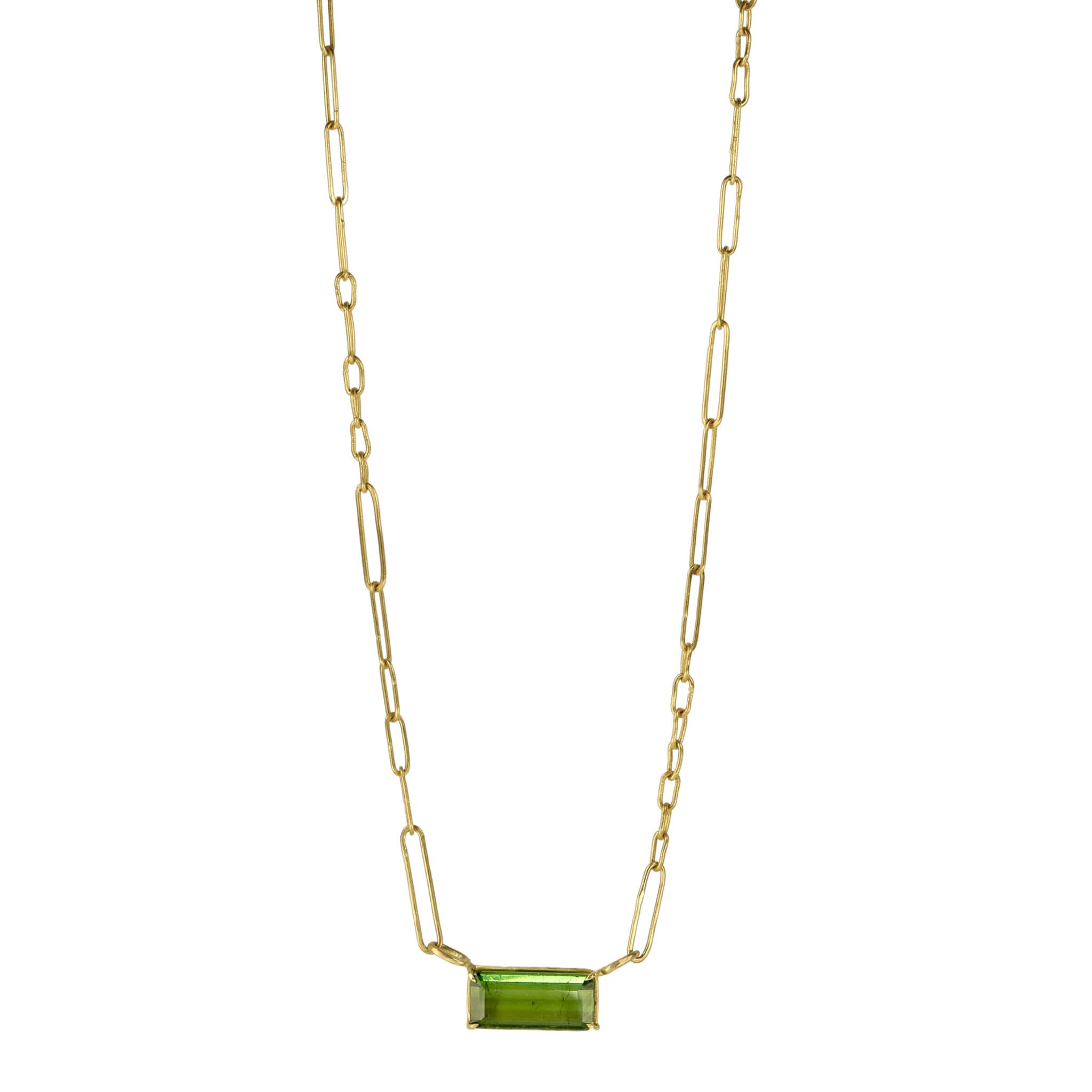 Rosanne Pugliese East-West Emerald Cut Green Tourmaline Bar Pendant on 22K Gold Handmade Chain