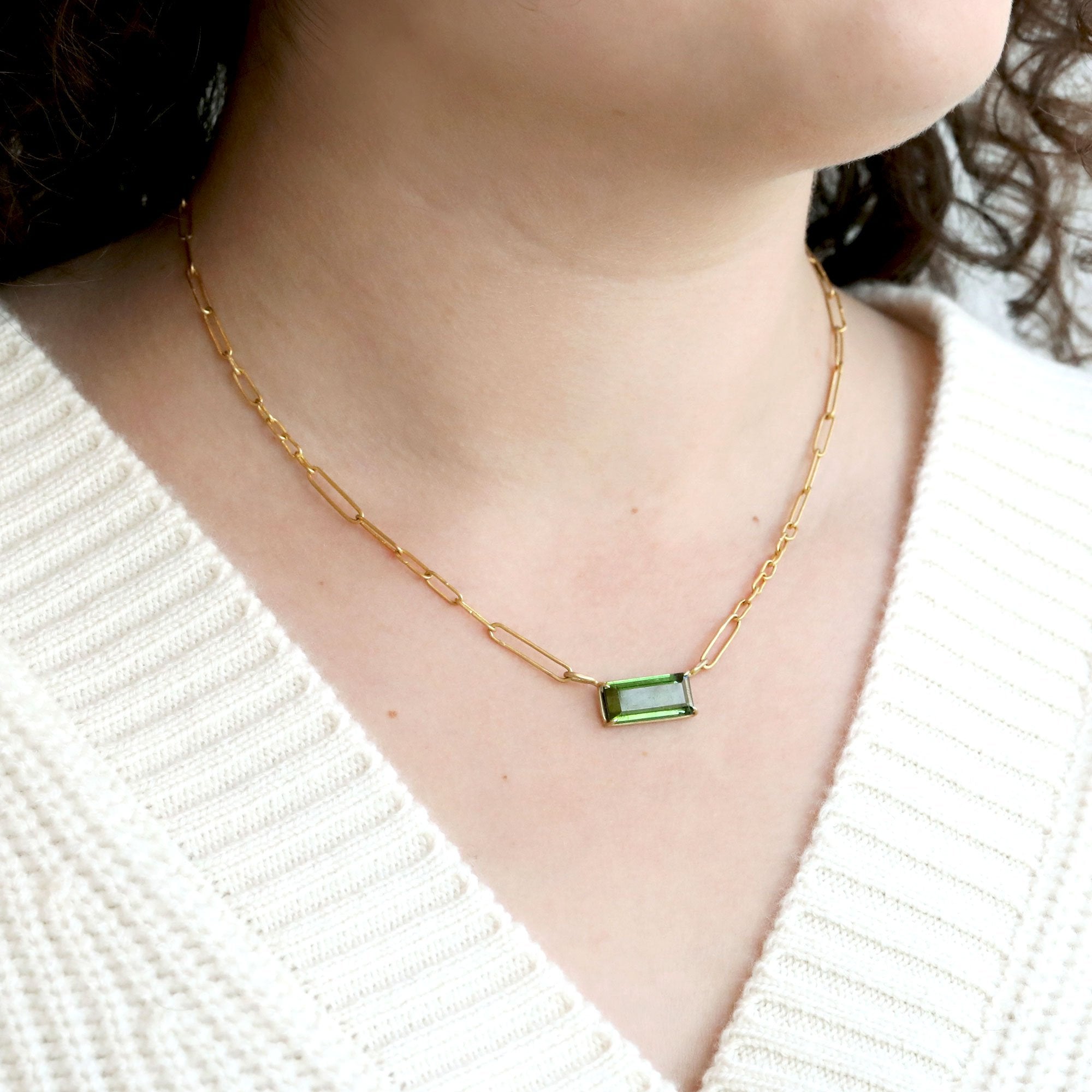 Rosanne Pugliese East-West Emerald Cut Green Tourmaline Bar Pendant on 22K Gold Handmade Chain