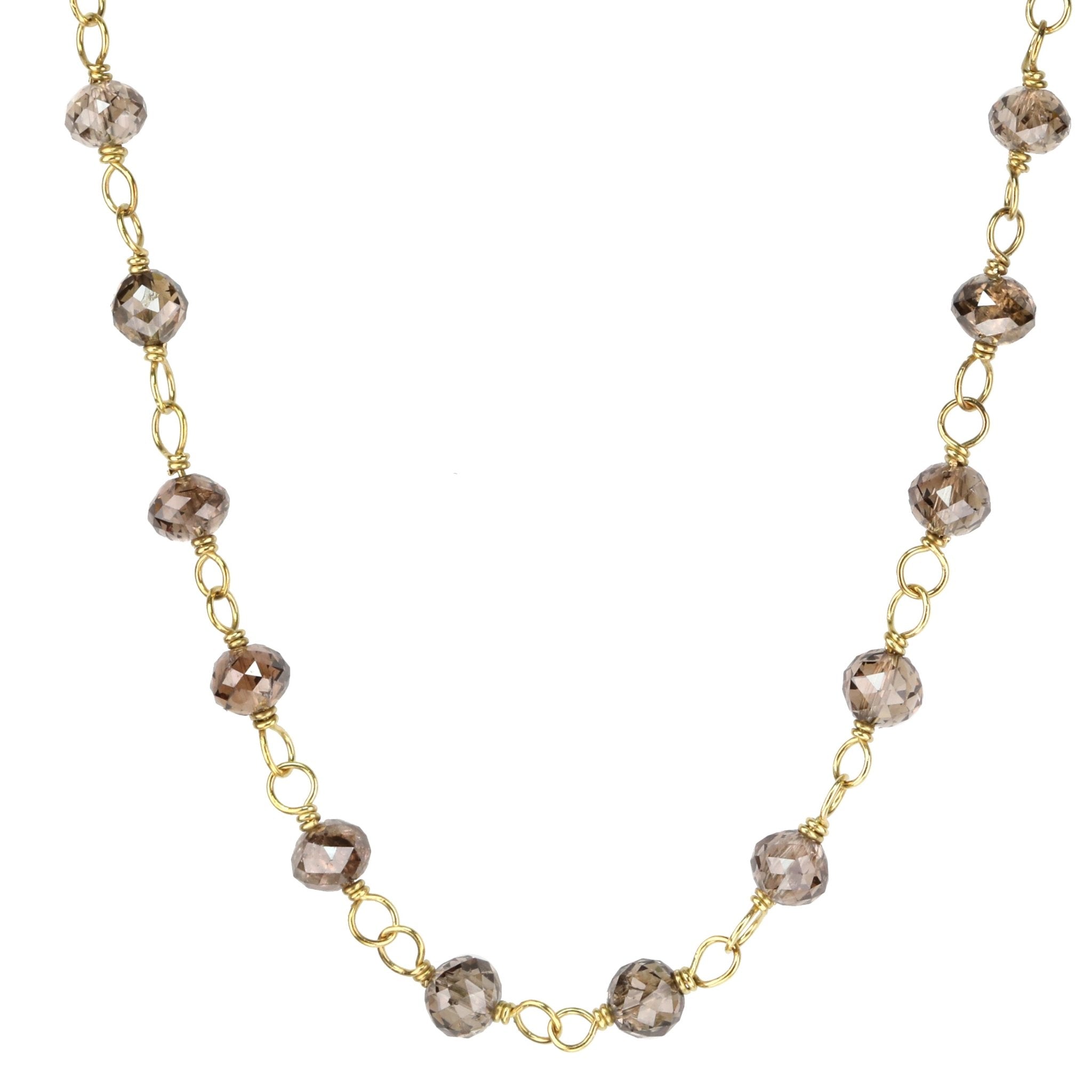 Faceted Cognac Diamond Beaded Necklace with 18K Gold Wire-Wrapping