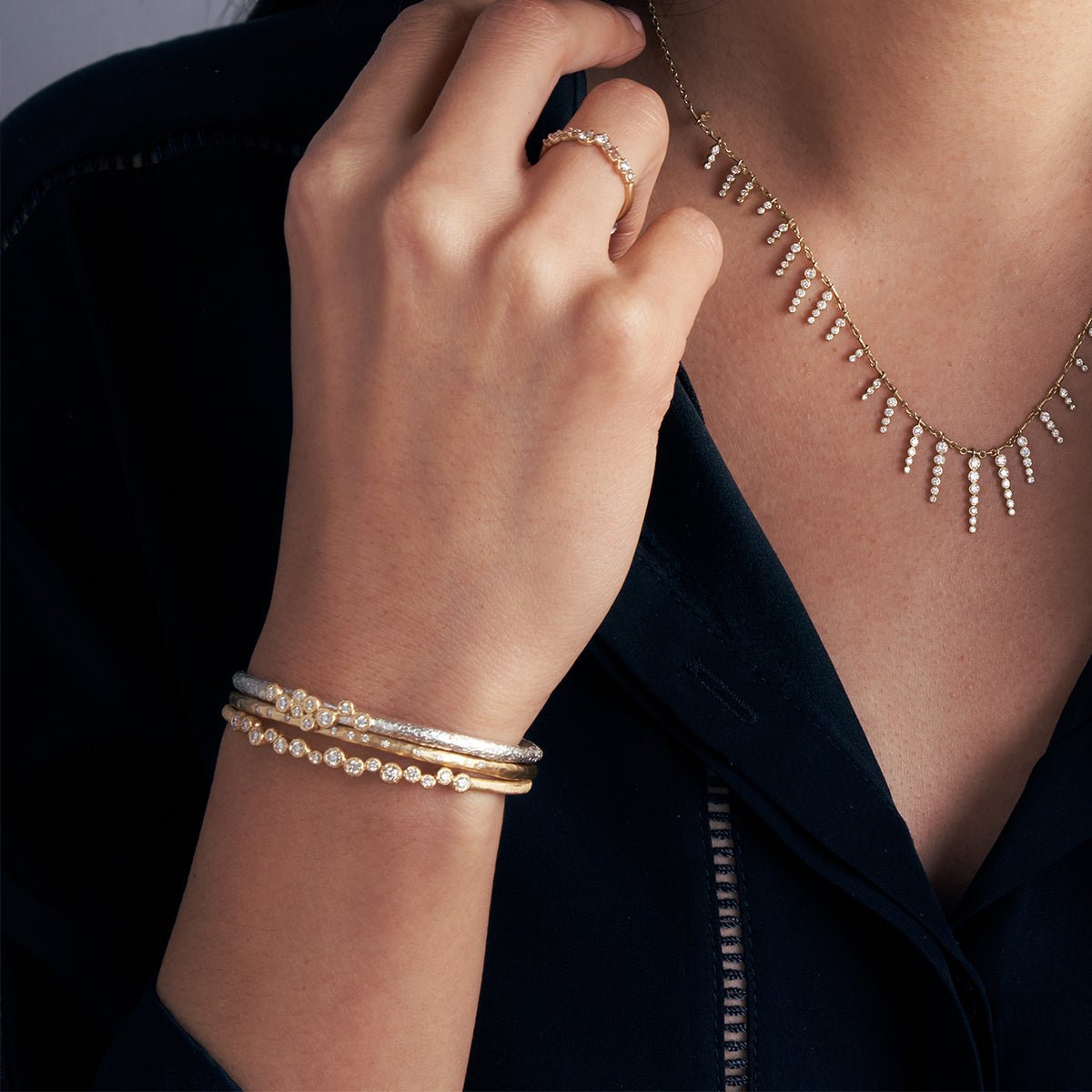 Yasuko Azuma Gold and Diamond Textured Cuff Bracelet