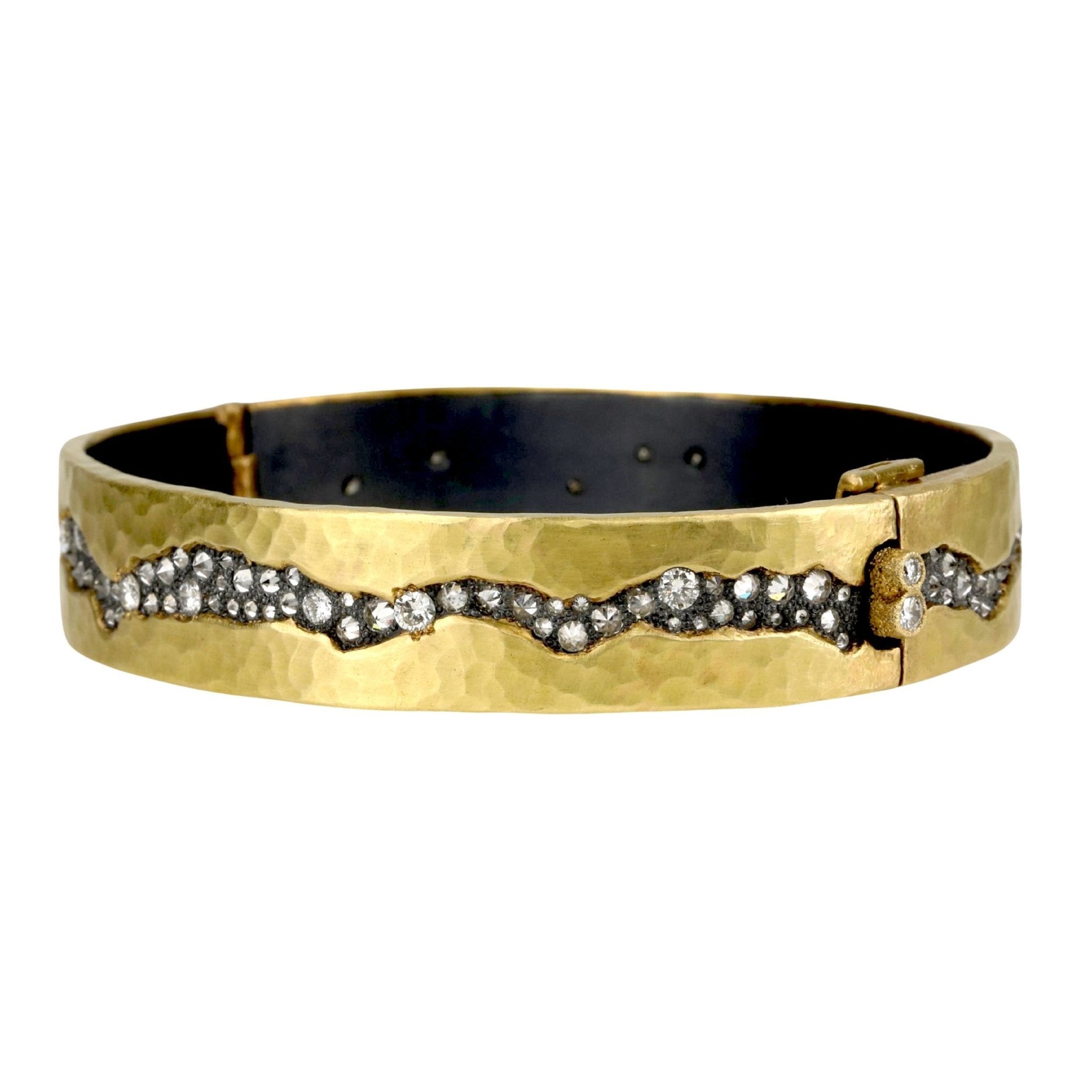 TAP by Todd Pownell Gold and Oxidized Sterling Silver Hinged Bangle with White Diamond "Fissure"