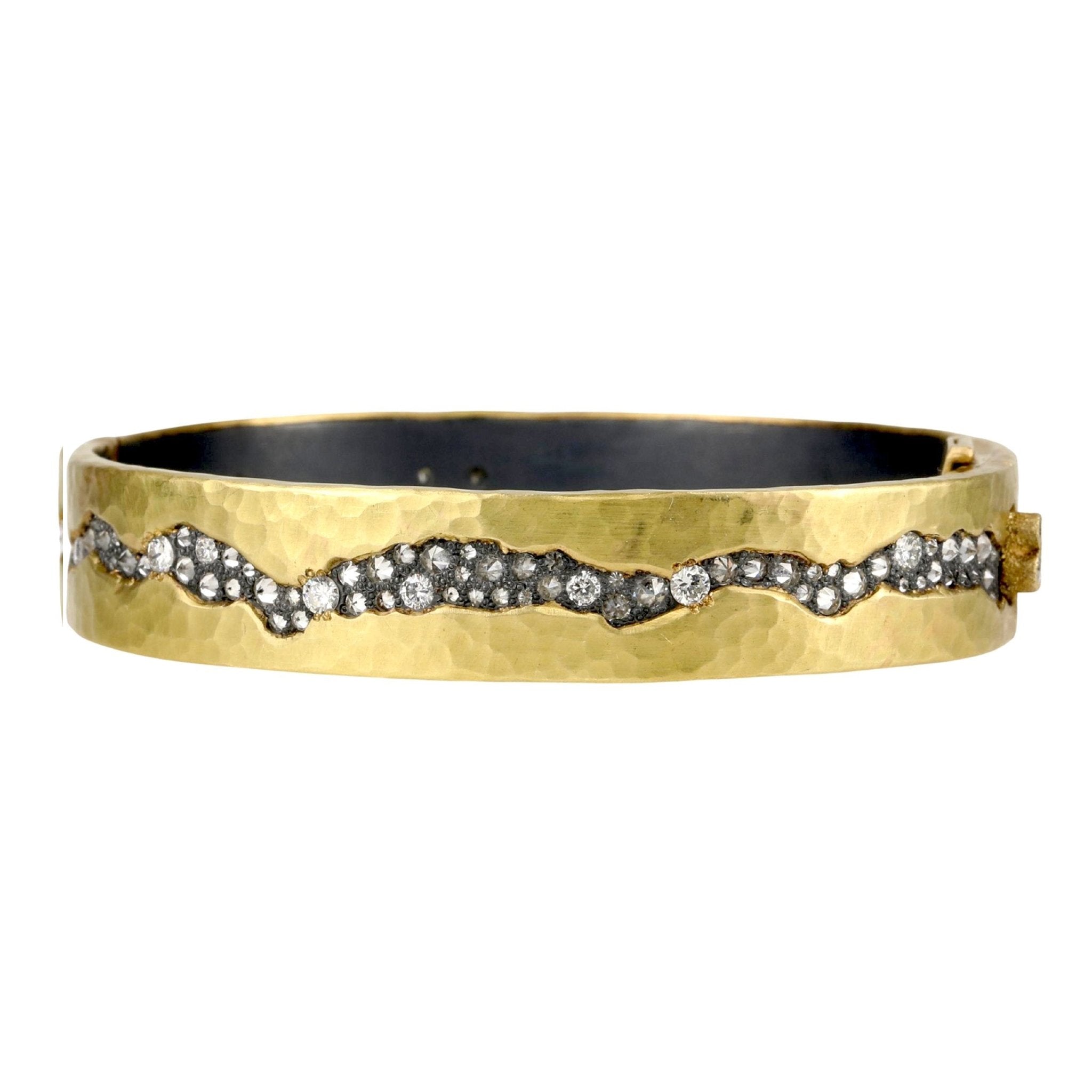 TAP by Todd Pownell Gold and Oxidized Sterling Silver Hinged Bangle with White Diamond "Fissure"
