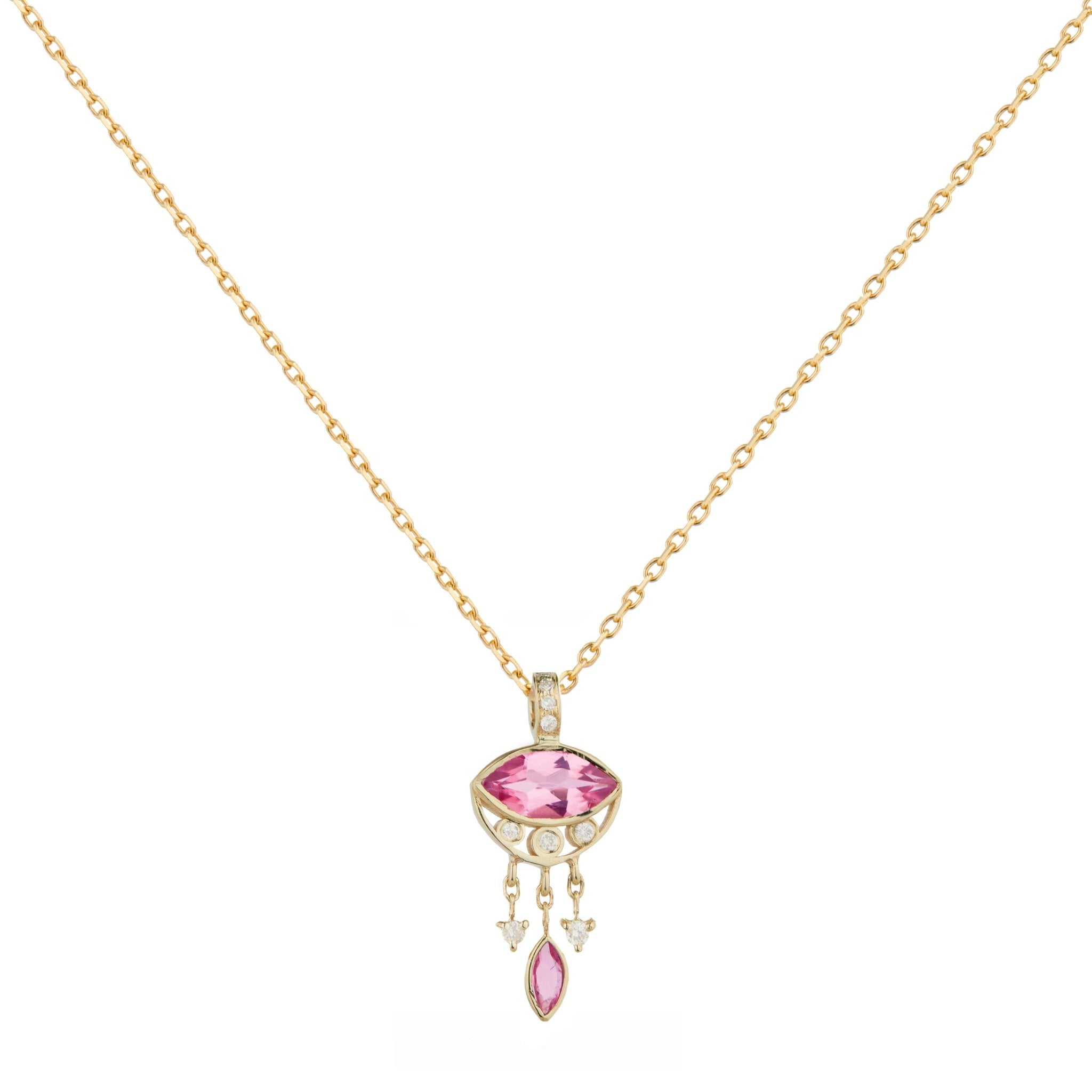 Celine Daoust Gold and Pink Tourmaline Marquise Eye Necklace with Dangling Marquise Tourmaline and Diamonds