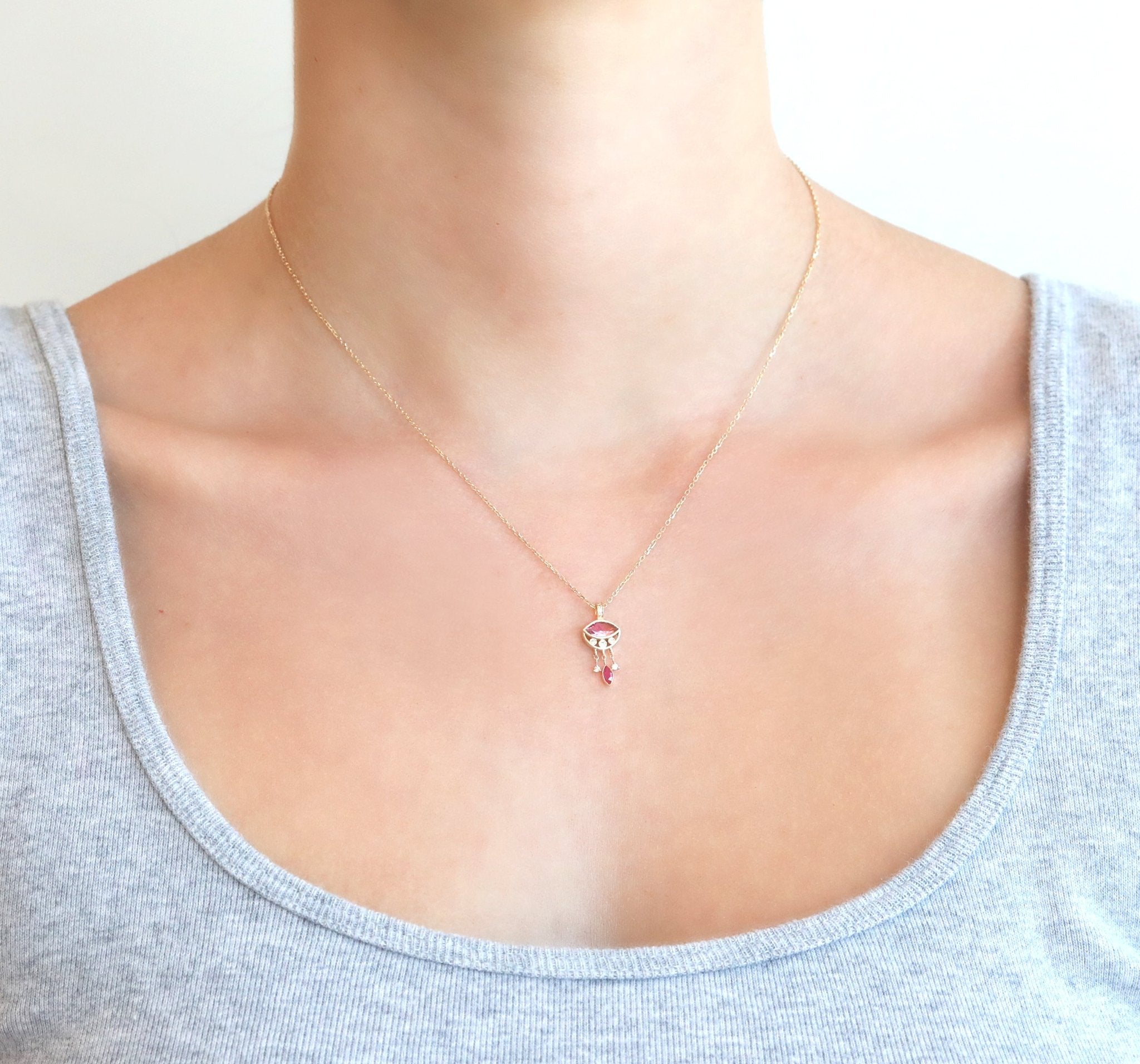 Celine Daoust Gold and Pink Tourmaline Marquise Eye Necklace with Dangling Marquise Tourmaline and Diamonds