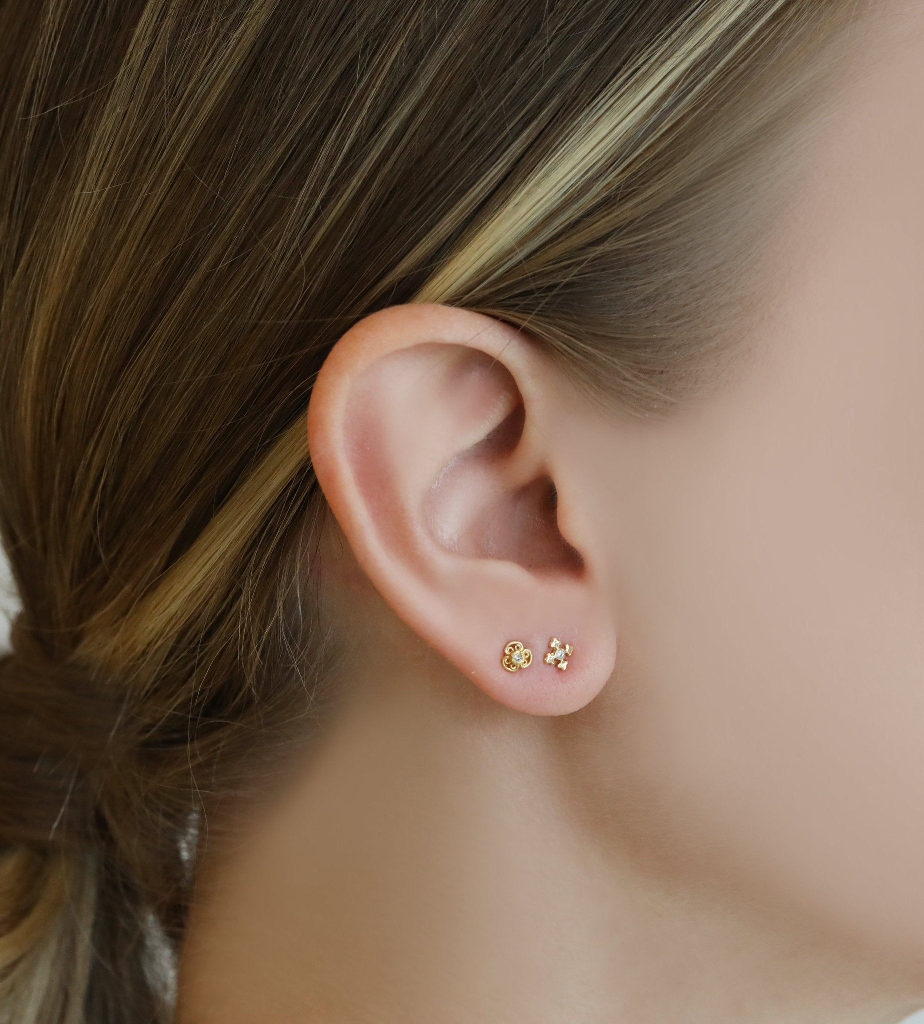 Renata Collection Gold "Cross" Stud with Bezel-Set Diamond Center