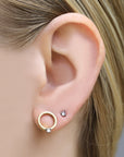 Gold Hammered Open Circle Earrings with Single Blackened Inverted Diamond