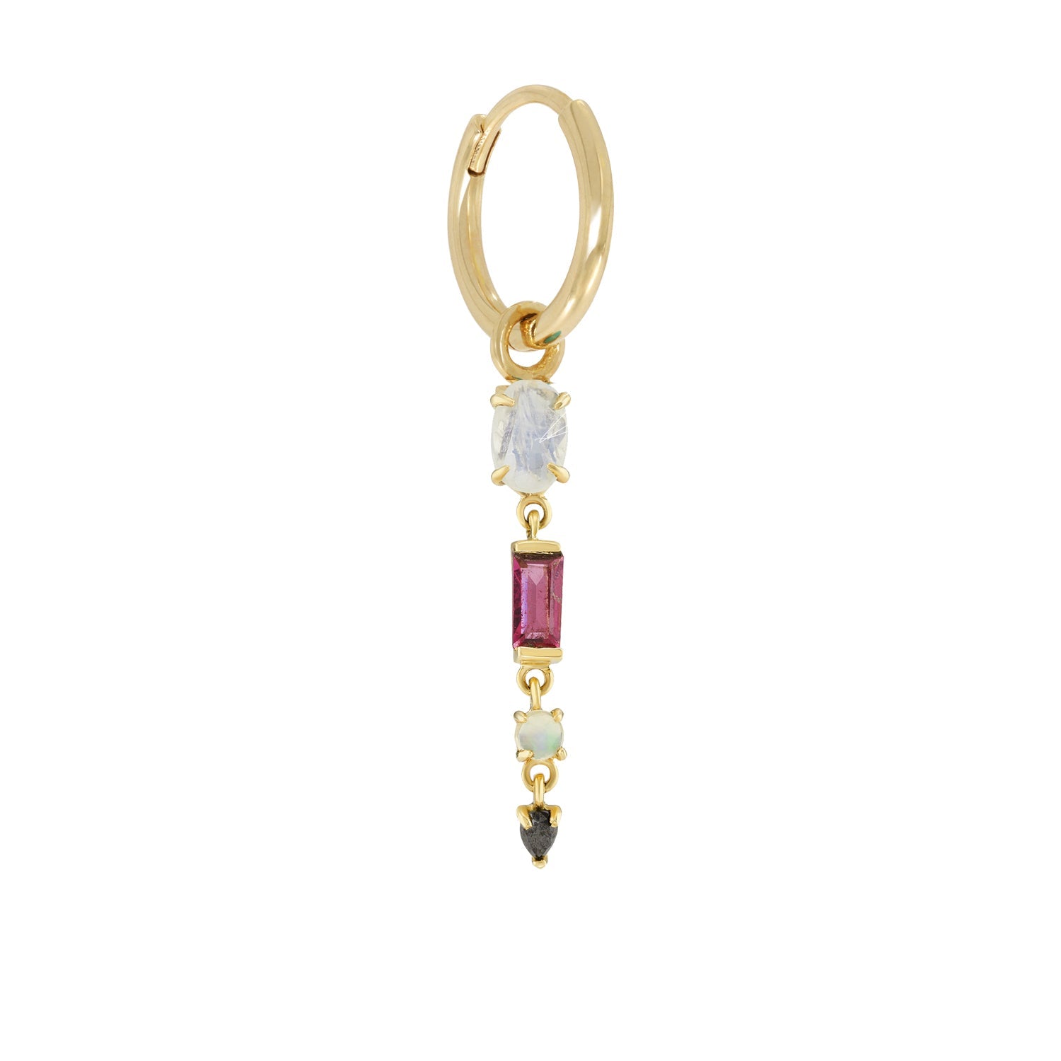 Gold Hoop with Moonstone, Pink Tourmaline, Opal, and Black Diamond Drop - Peridot Fine Jewelry - Metier by Tomfoolery