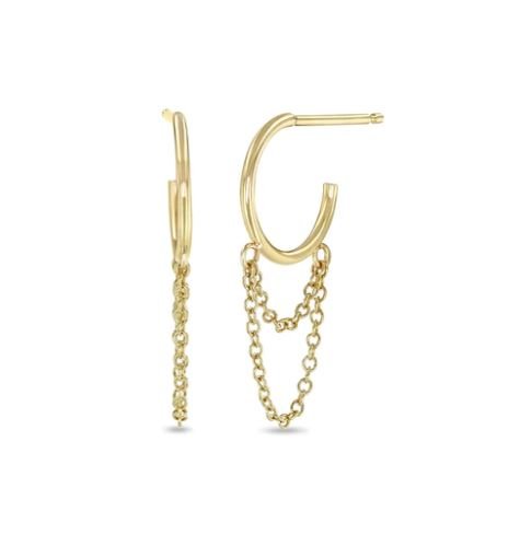 Gold Huggie Hoops with Double Chain Drop