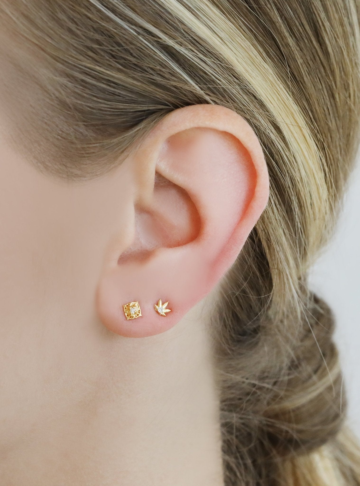 Renata Collection Gold "Leaf" Studs with Diamond Detail