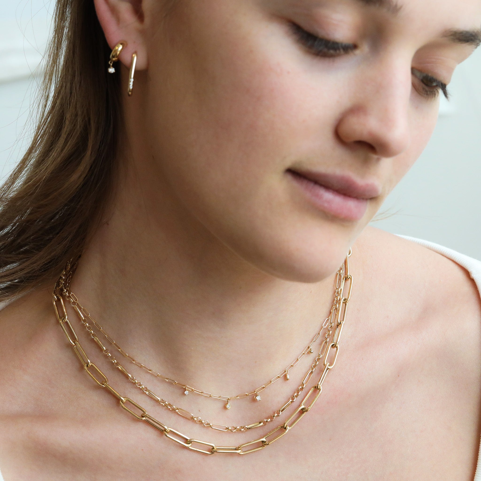 Gold Paperclip Chain Necklace with Multi-Shape Diamonds