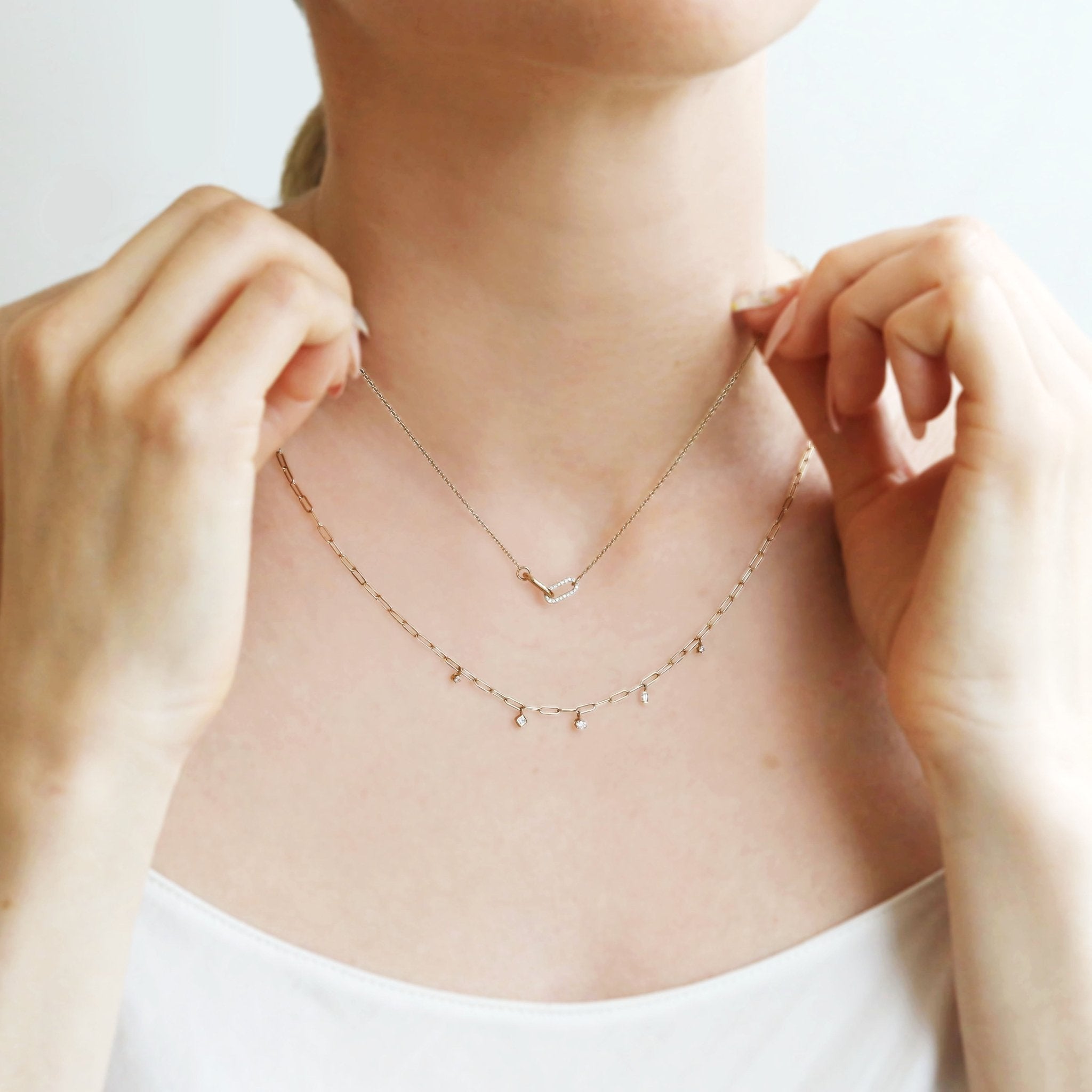Gold Paperclip Chain Necklace with Multi-Shape Diamonds