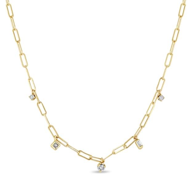 Gold Paperclip Chain Necklace with Multi-Shape Diamonds