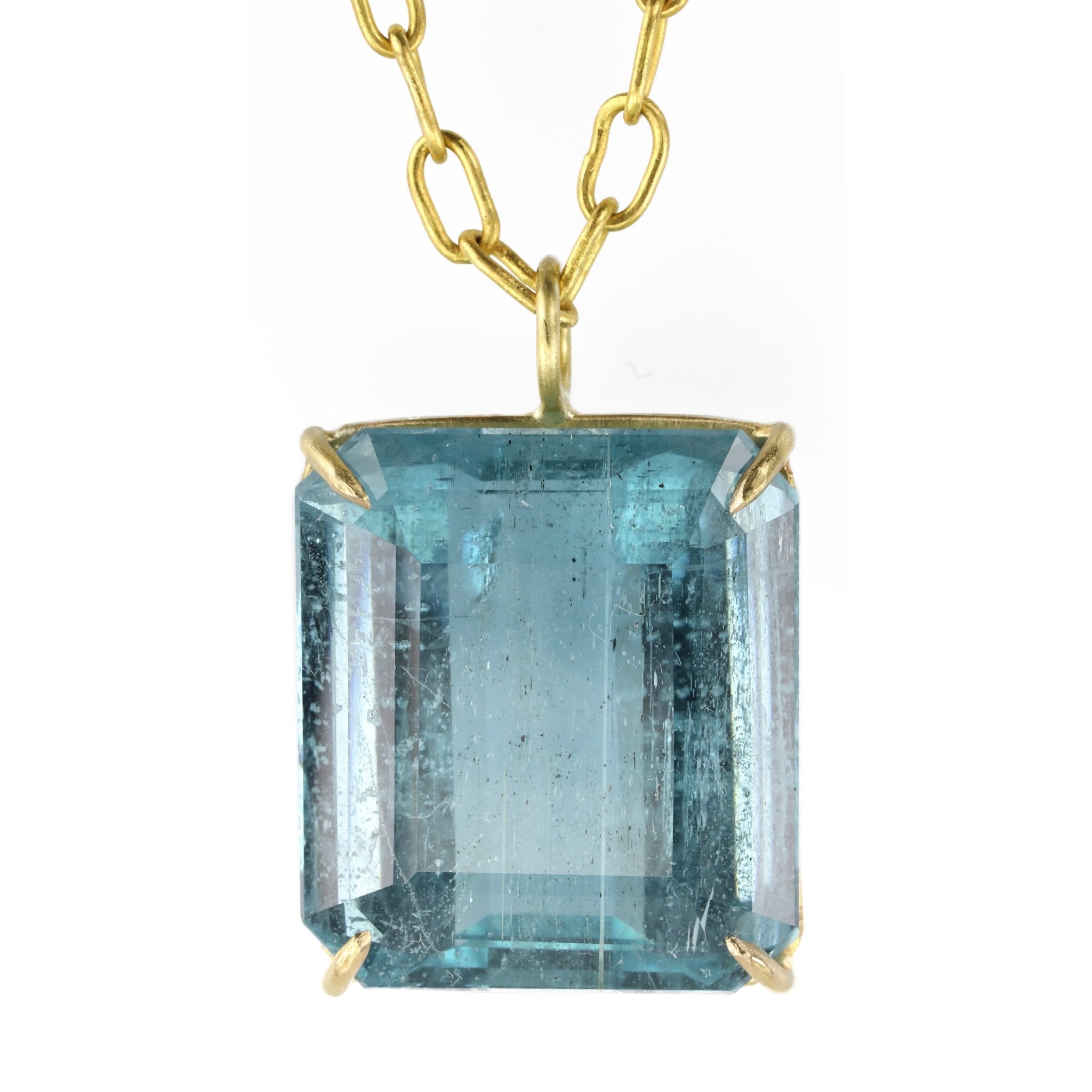 Gold Prong-Set Rectangular Vivid Aquamarine Pendant