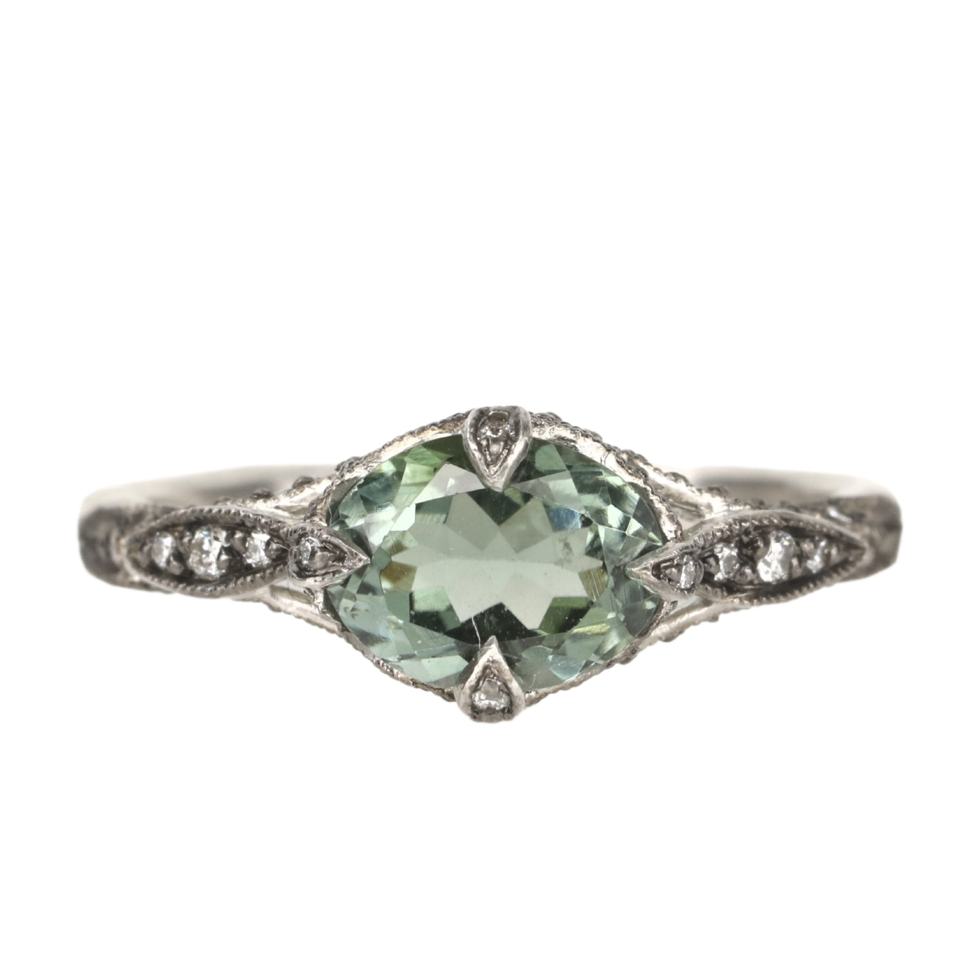 Cathy Waterman Platinum & Pave Diamond "Petal Side" Ring with Green Tourmaline Center