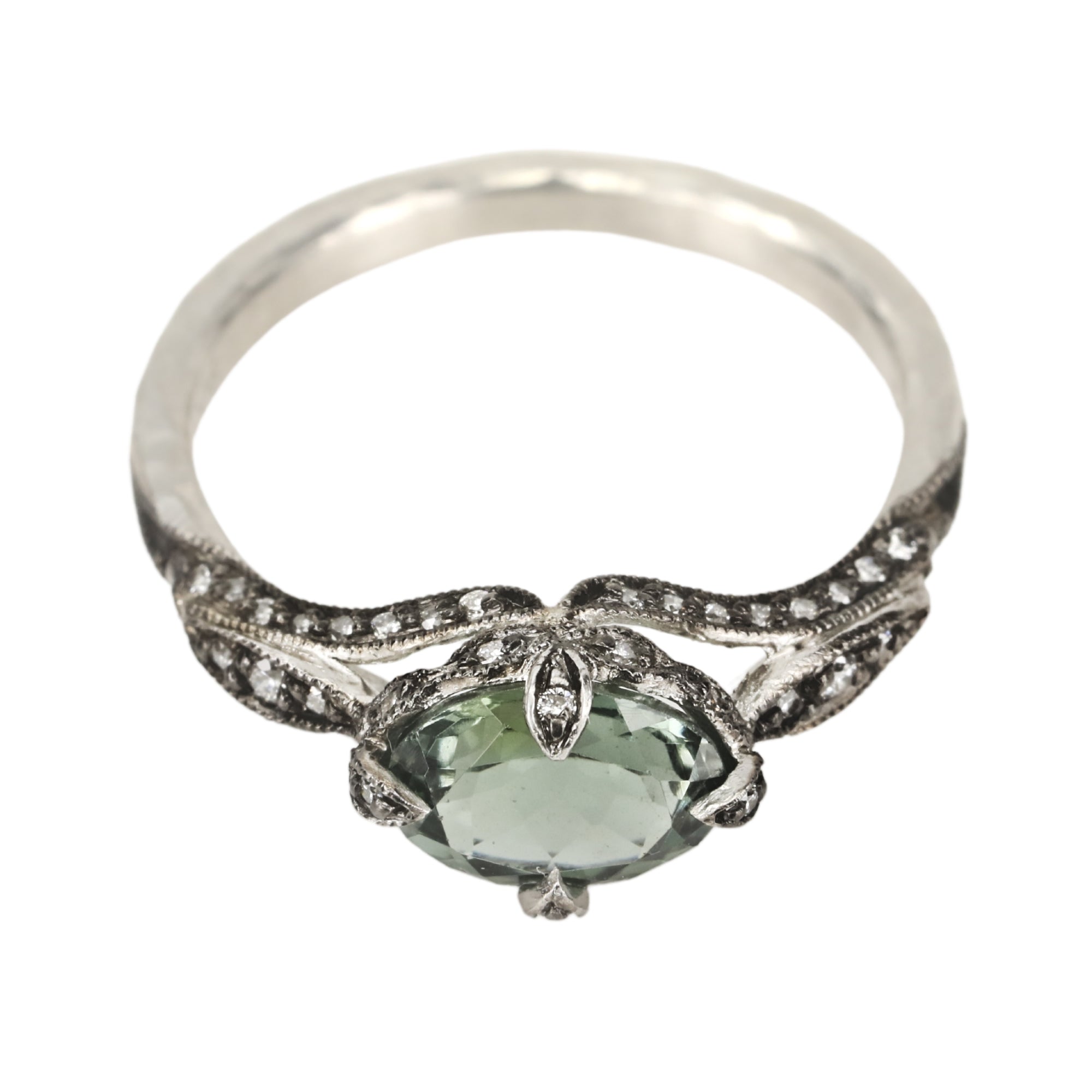 Cathy Waterman Platinum & Pave Diamond "Petal Side" Ring with Green Tourmaline Center
