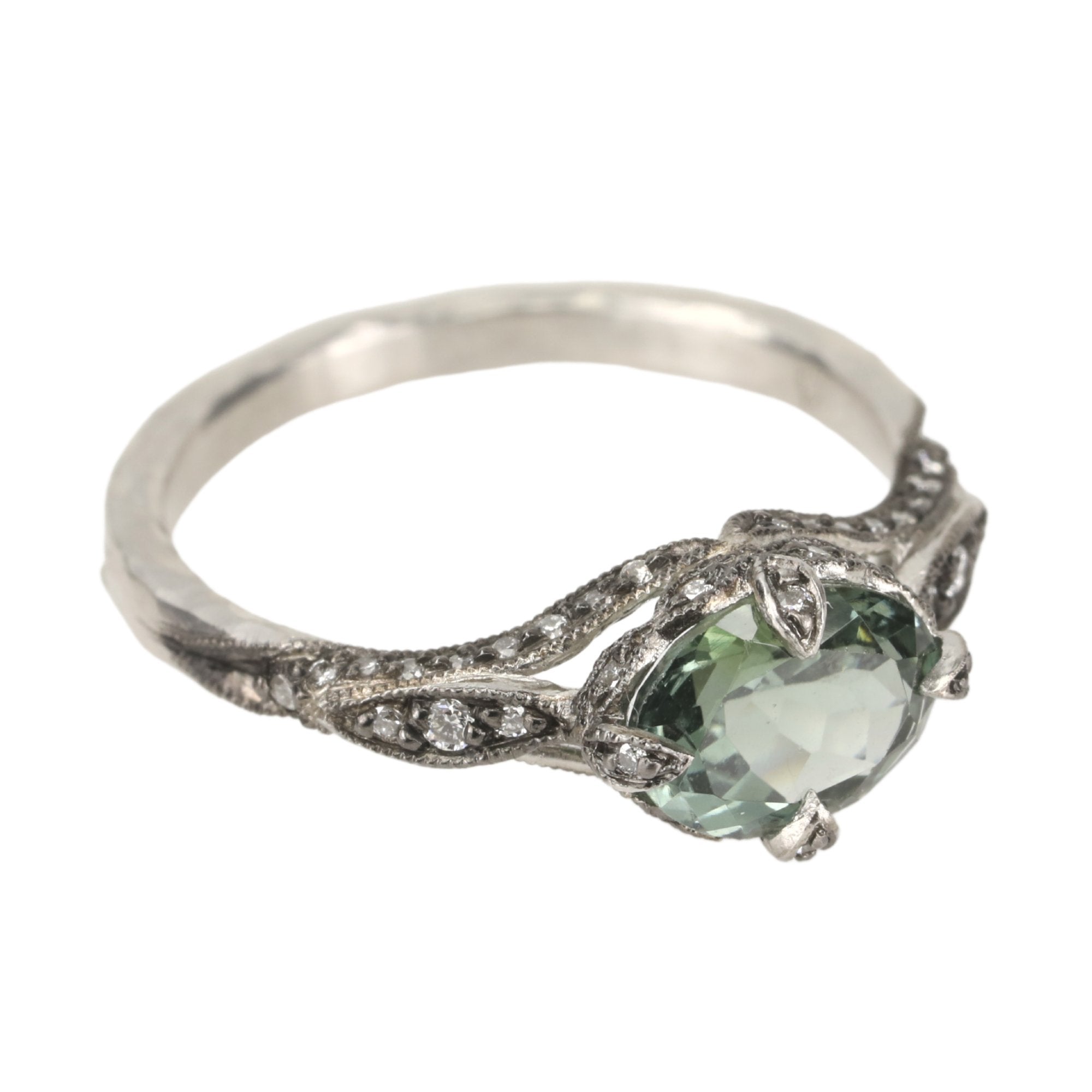Cathy Waterman Platinum & Pave Diamond "Petal Side" Ring with Green Tourmaline Center