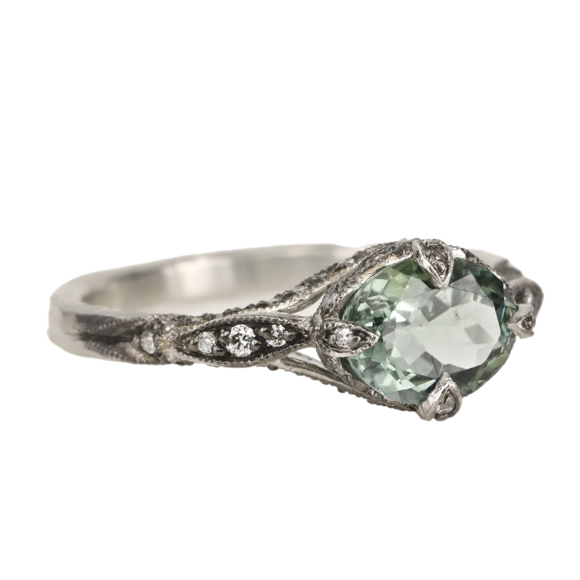Cathy Waterman Platinum & Pave Diamond "Petal Side" Ring with Green Tourmaline Center