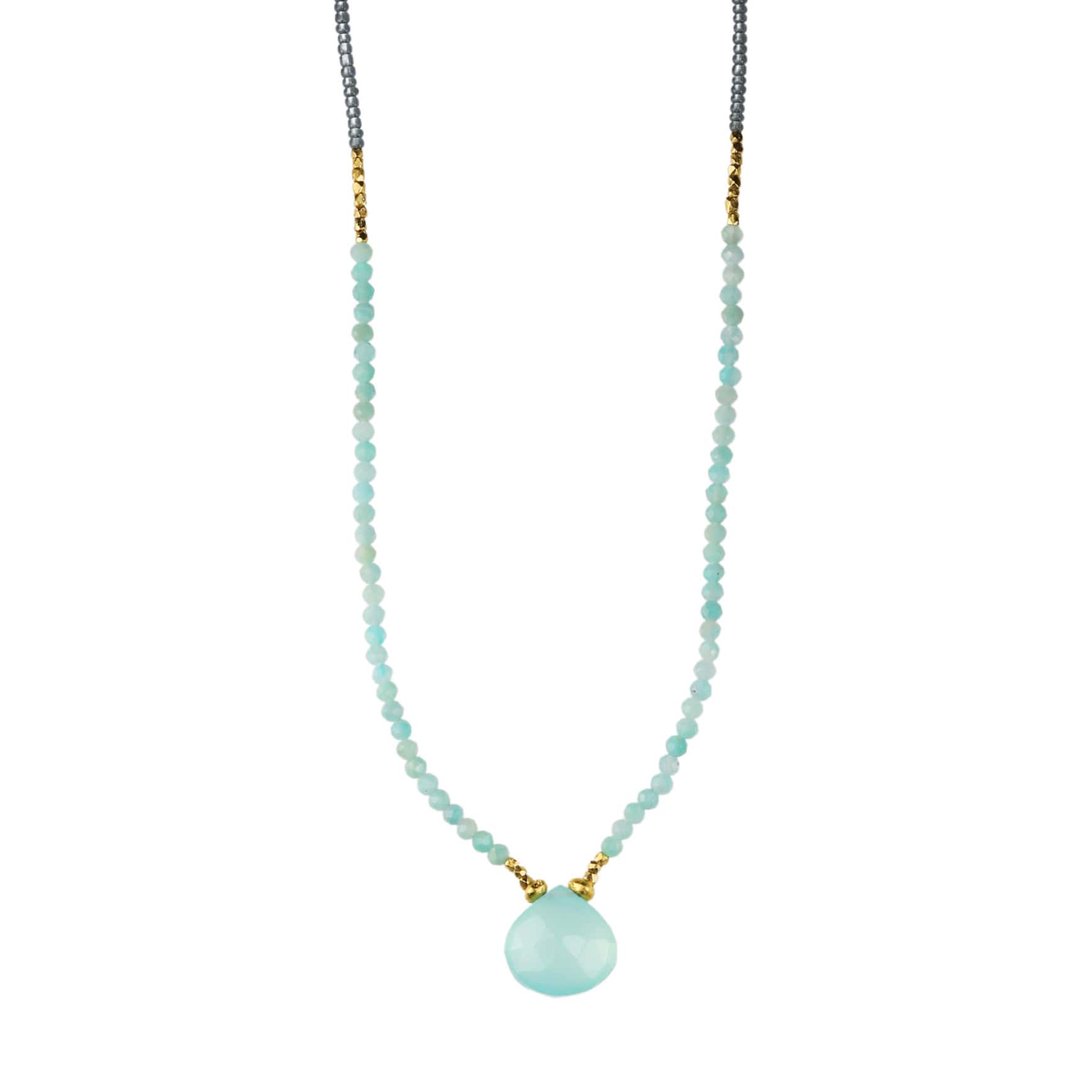 Debbie Fisher Grey Seed and Amazonite Beaded Necklace with Calcite Drop