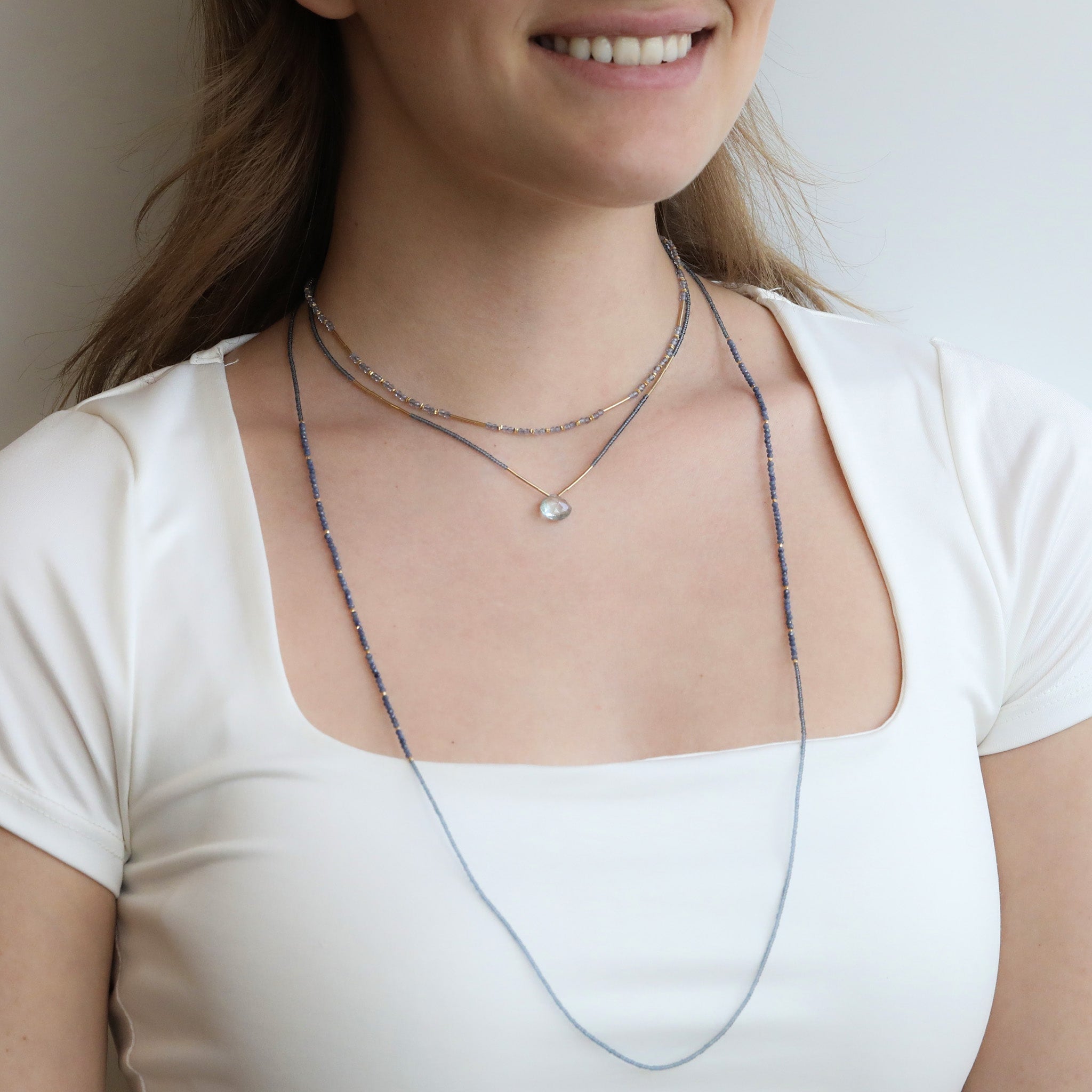 Debbie Fisher Grey Seed Bead Long Necklace with Two Grey Sapphire Beaded Stations