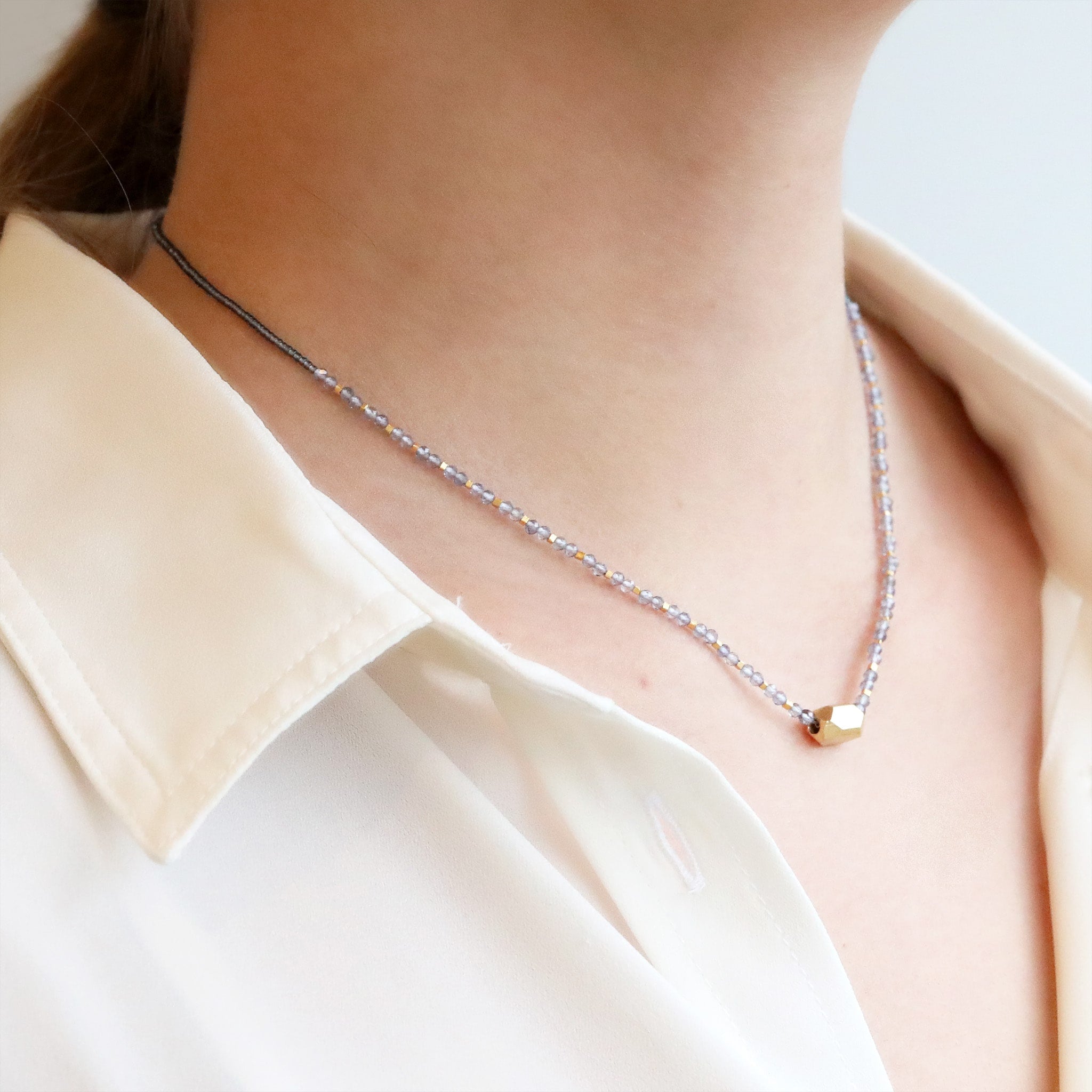 Debbie Fisher Grey Seed Bead, Mystic Quartz, and Gold Vermeil Beaded Necklace