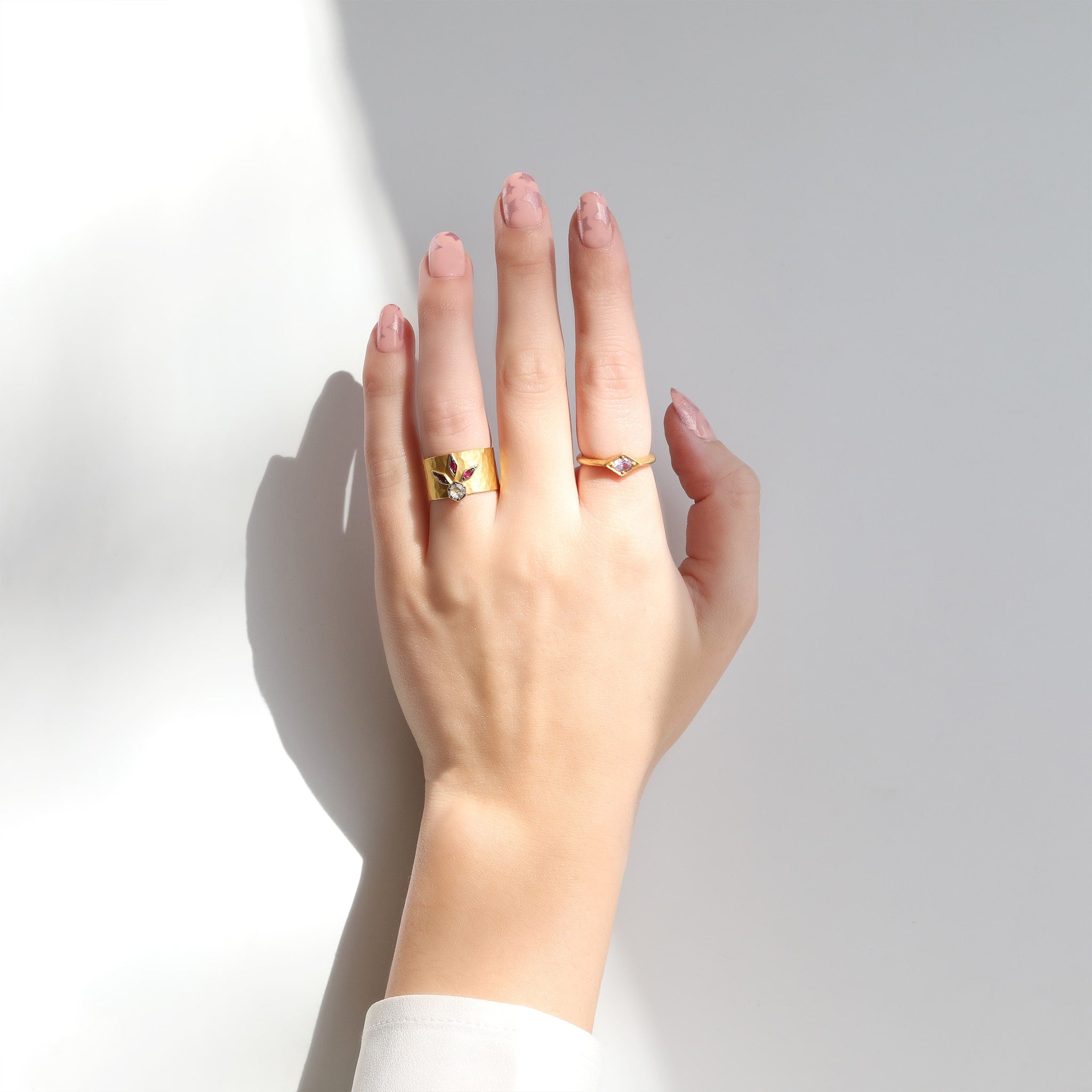 Cathy Waterman Hammered 22K Gold Ring with Hex Grey Diamond & Marquise Rubies