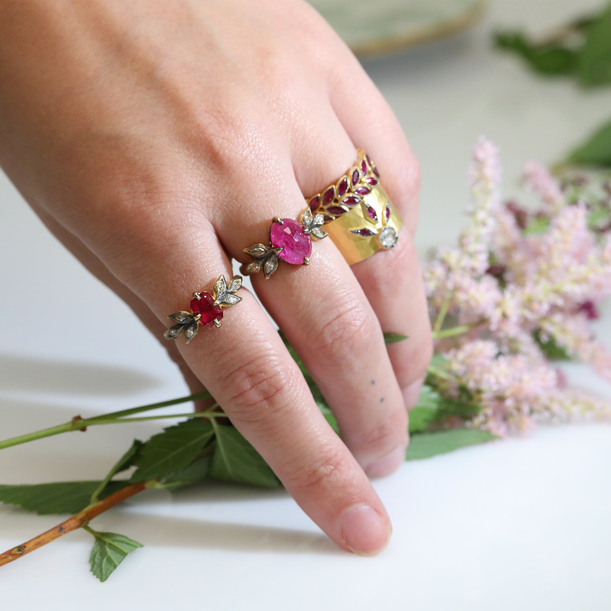 Cathy Waterman Hammered 22K Gold Ring with Hex Grey Diamond & Marquise Rubies