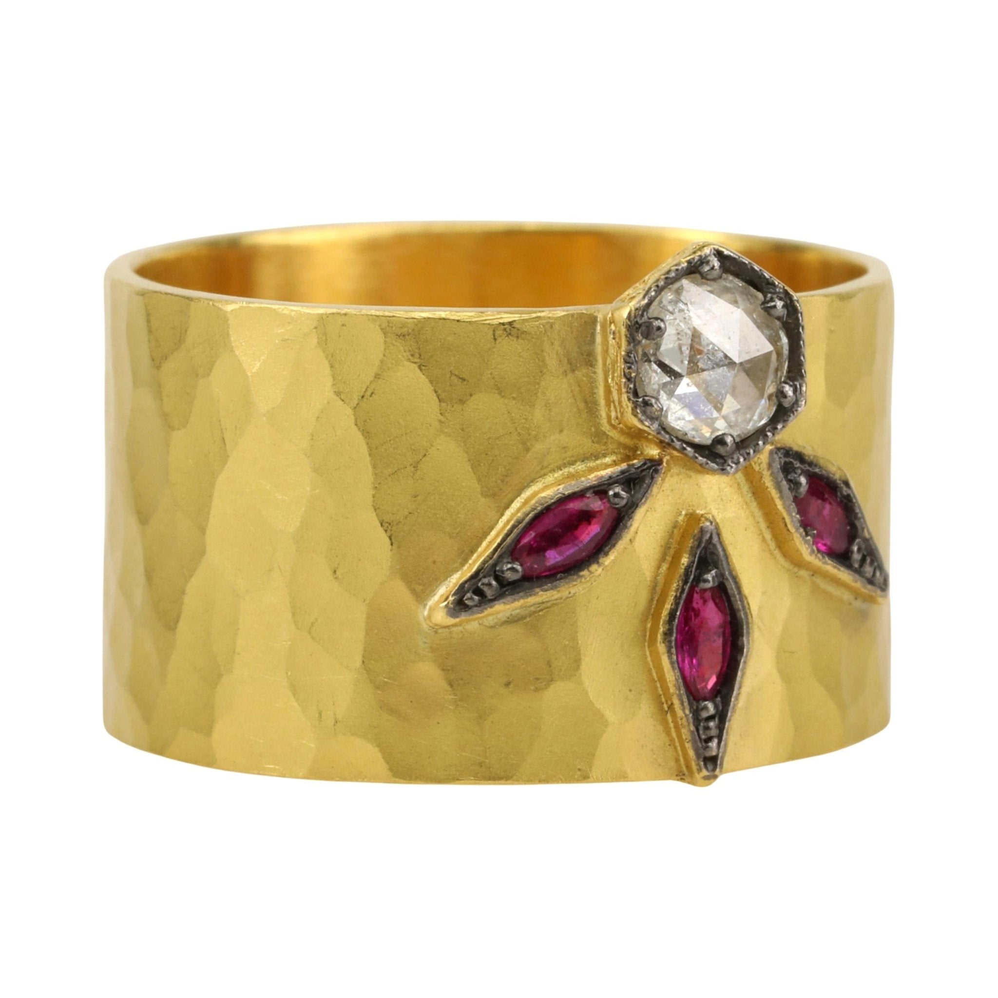 Cathy Waterman Hammered 22K Gold Ring with Hex Grey Diamond & Marquise Rubies