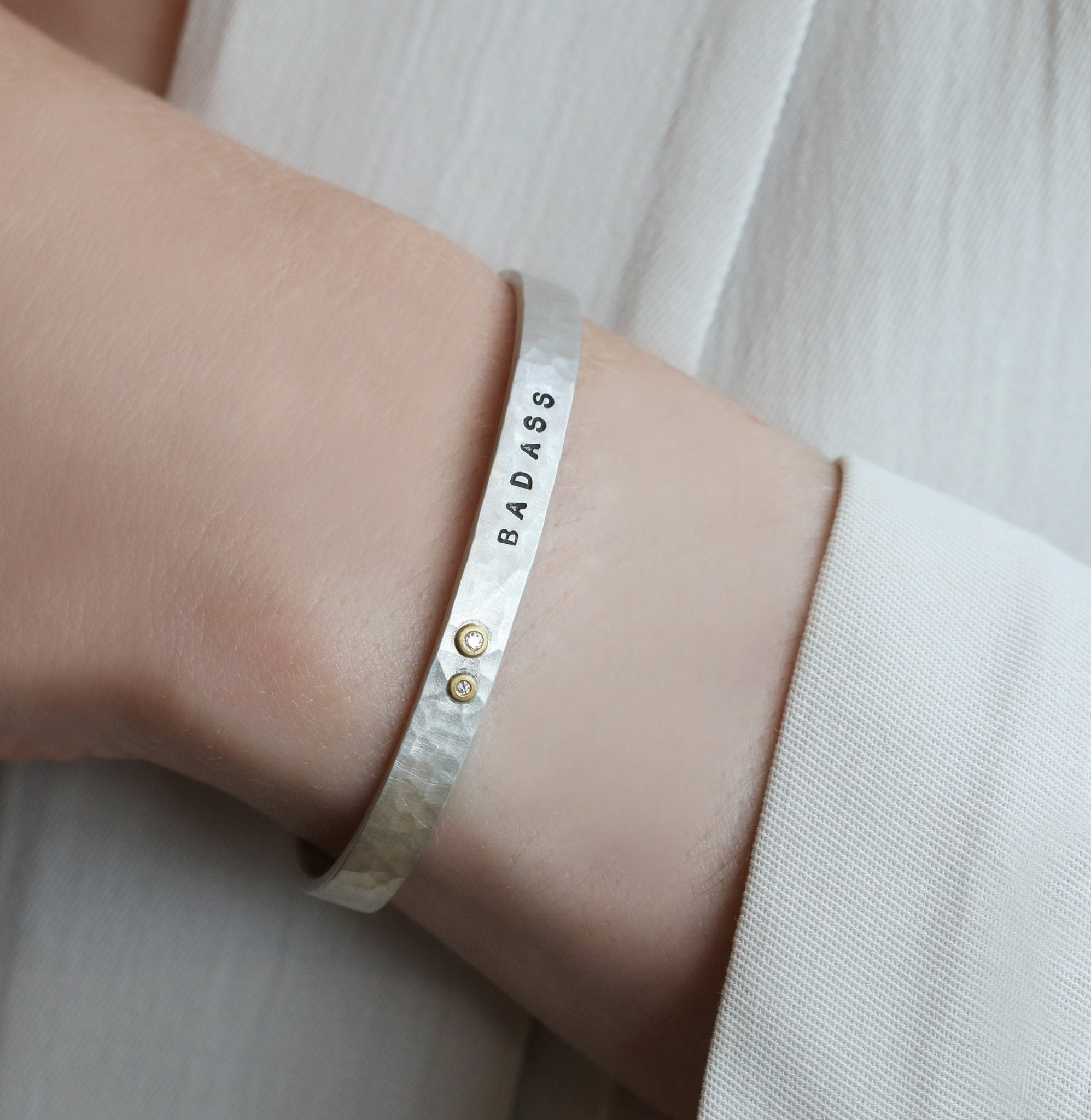 Hammered Sterling Silver "Bad Ass" Engraved Cuff with Diamonds