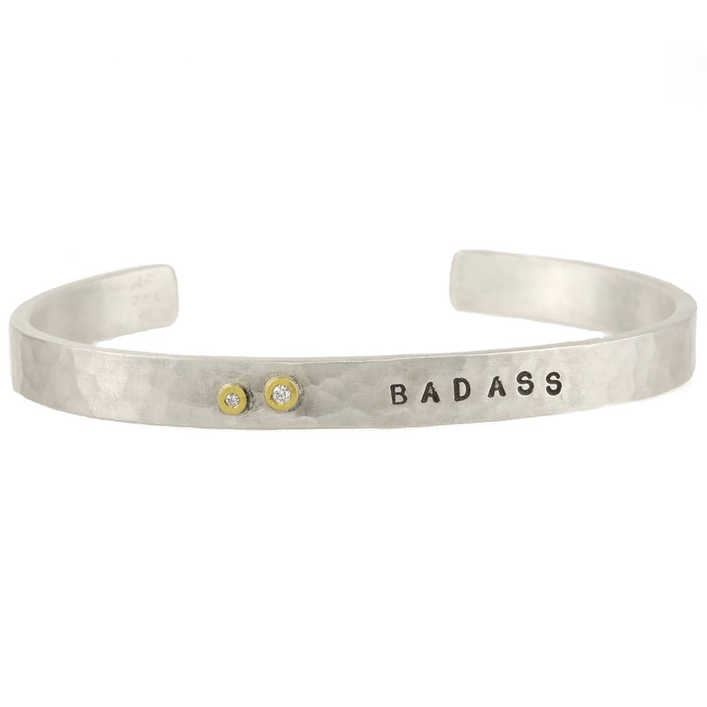 Hammered Sterling Silver "Bad Ass" Engraved Cuff with Diamonds