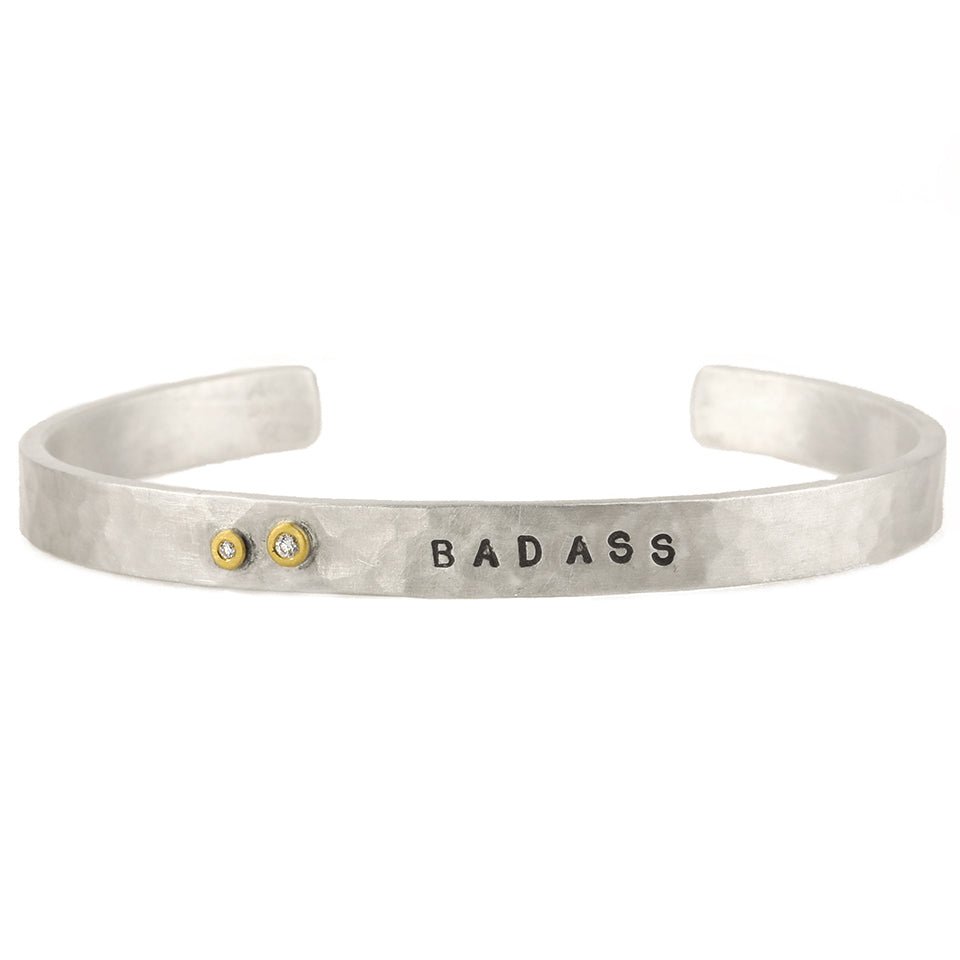 Hammered Sterling Silver "Bad Ass" Engraved Cuff with Diamonds