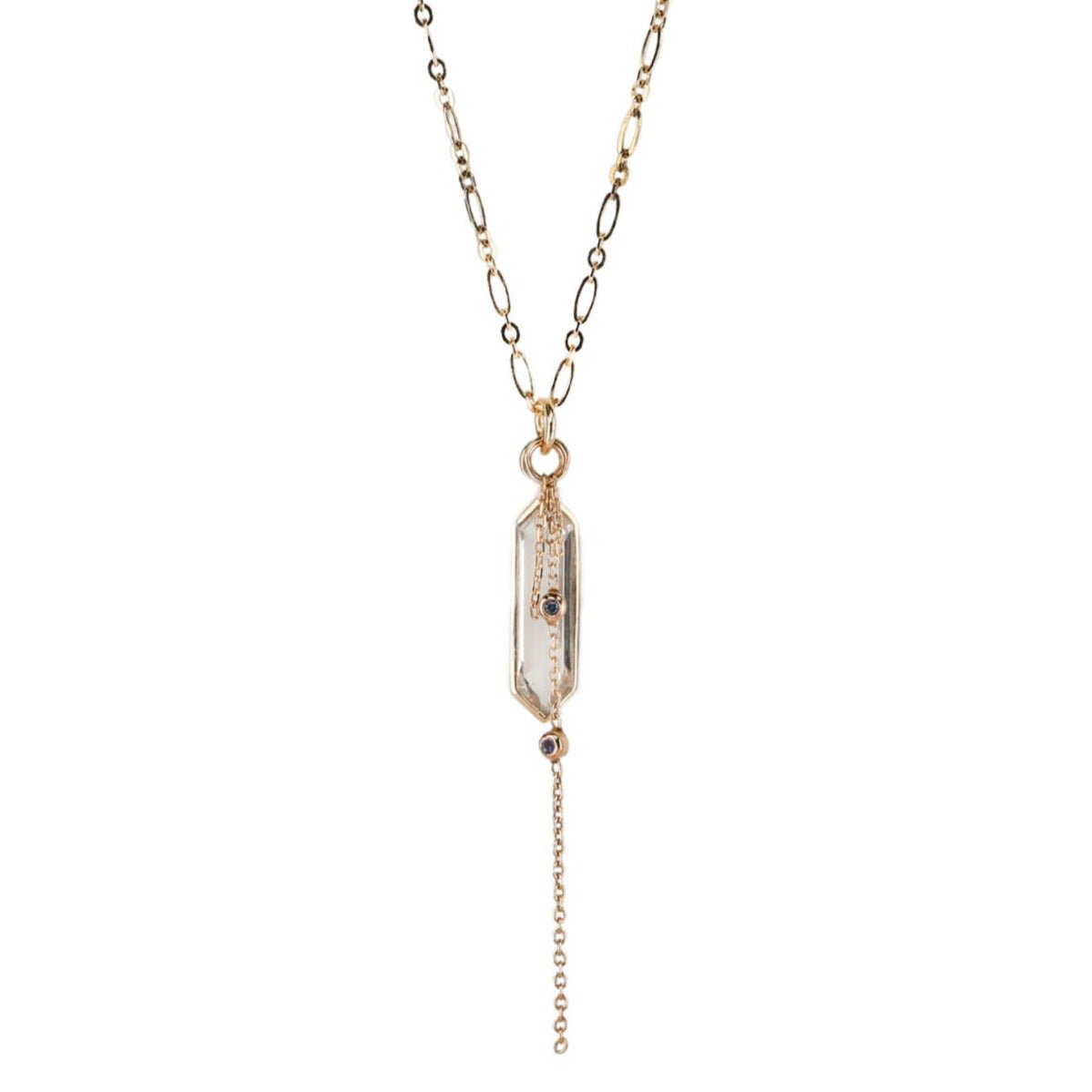 Hexagonal Quartz Pendant Necklace with Double Chain Drop & Blue Sapphires - Peridot Fine Jewelry - Metier by Tomfoolery