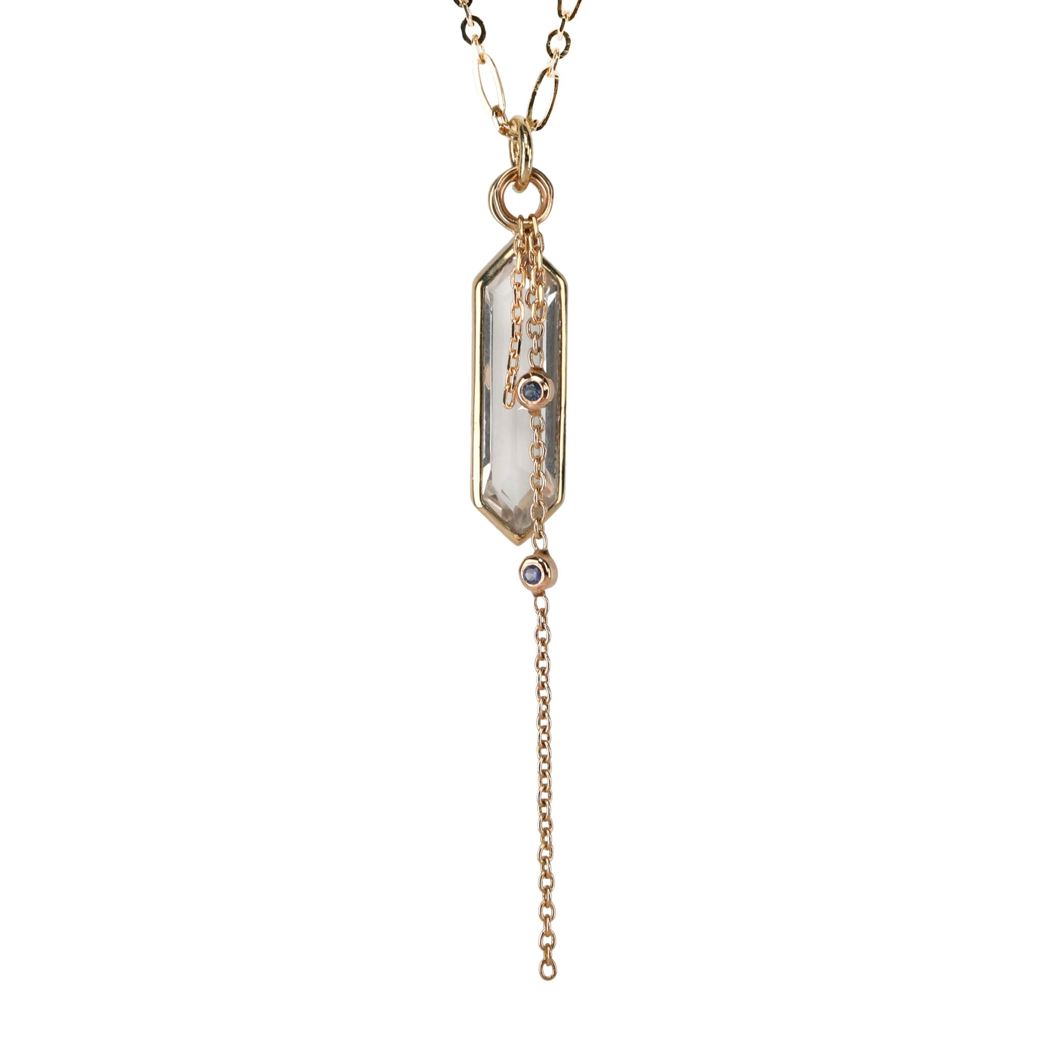 Hexagonal Quartz Pendant Necklace with Double Chain Drop & Blue Sapphires - Peridot Fine Jewelry - Metier by Tomfoolery