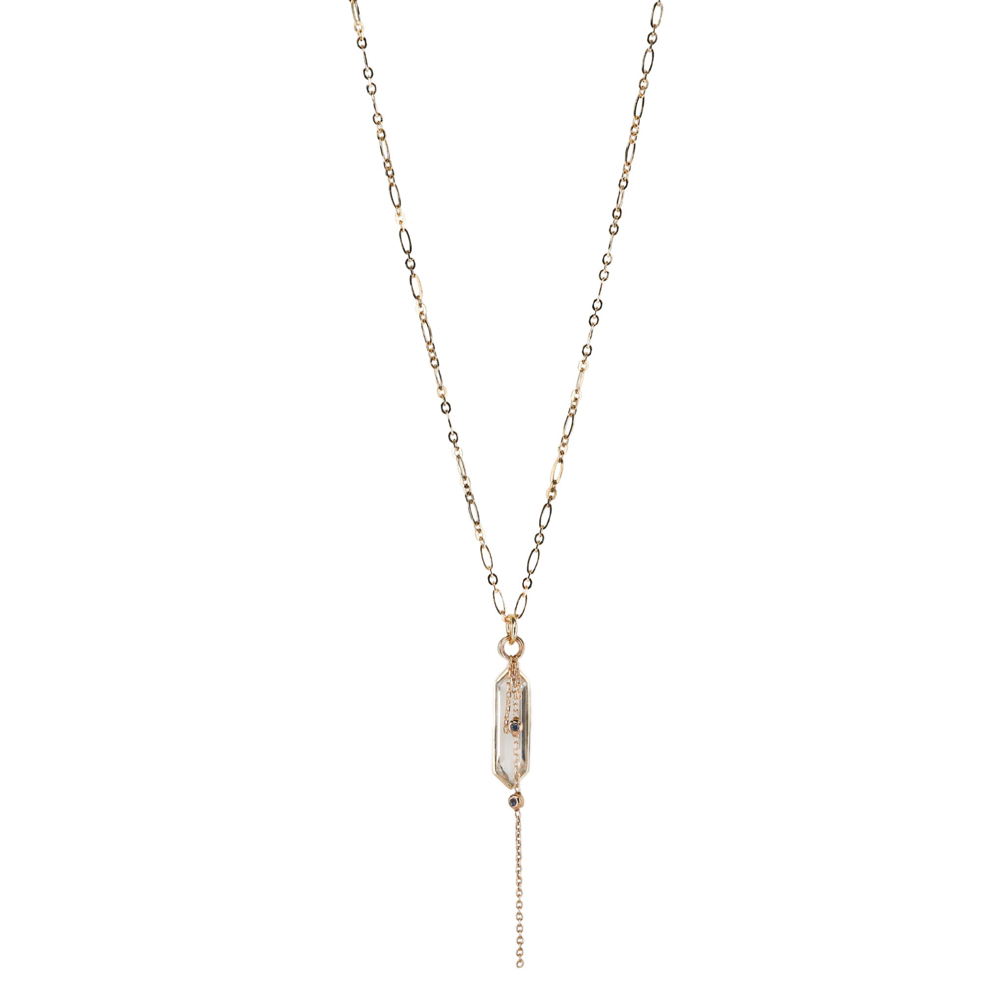 Hexagonal Quartz Pendant Necklace with Double Chain Drop & Blue Sapphires - Peridot Fine Jewelry - Metier by Tomfoolery