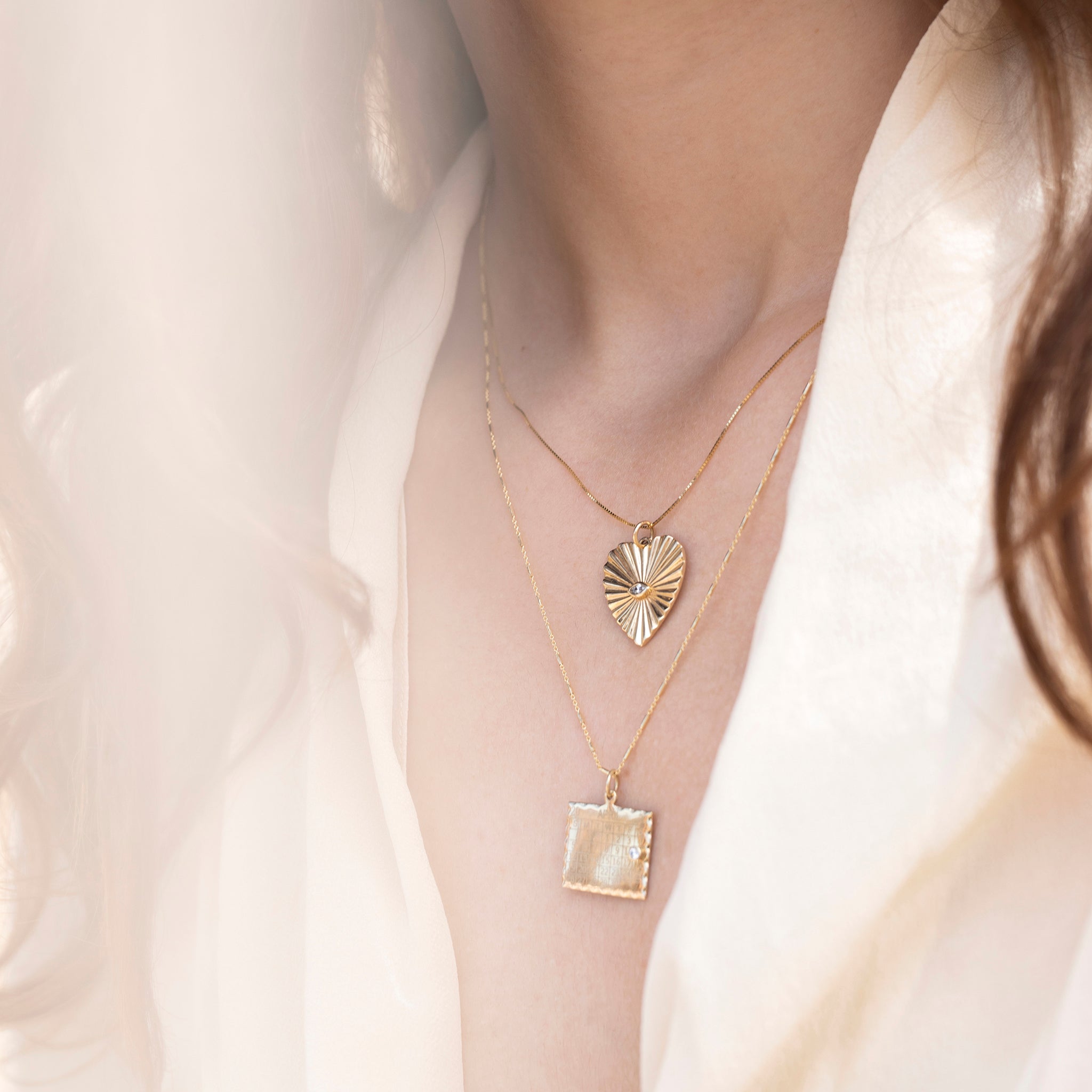 Zahava Large Textured Heart Pendant with Marquise Diamond Center