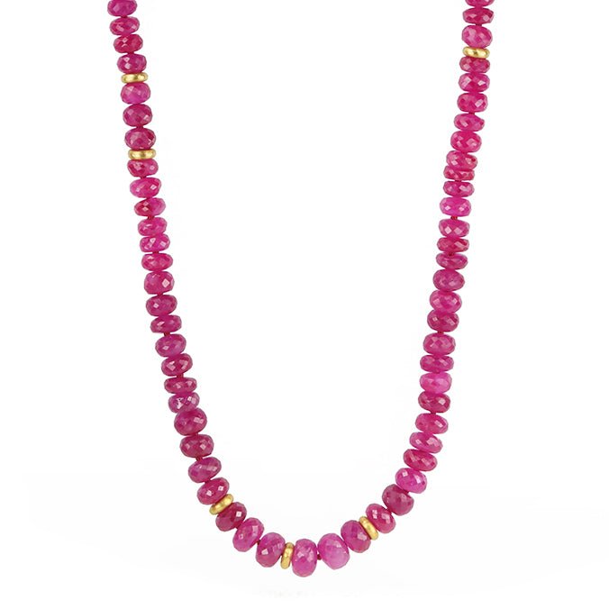 Caroline Ellen Long Faceted Ruby Beaded Necklace with 22K Gold "Spacer" Rings